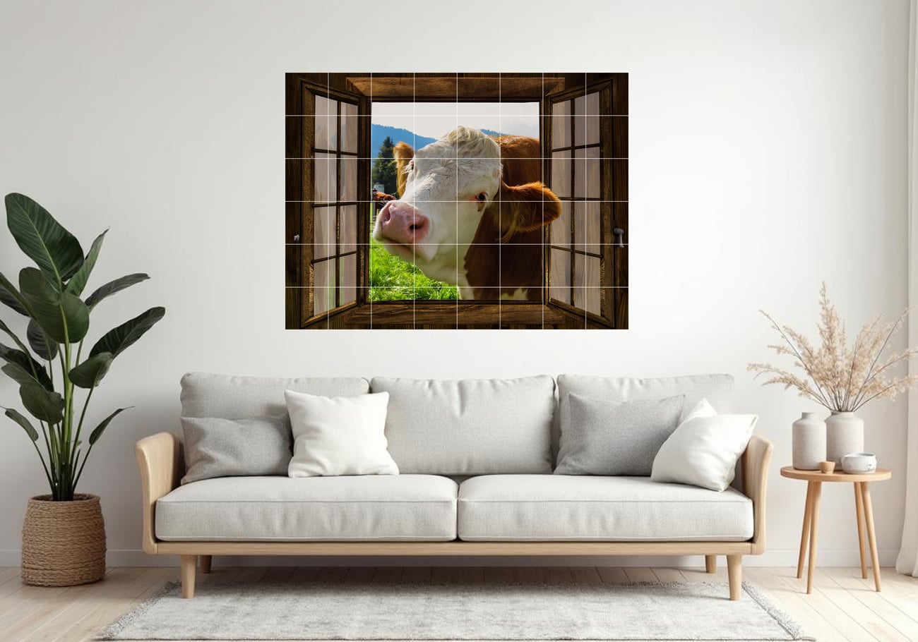 Tile Mural/Mosaic Ceramic Panel of Cow in a Window - Countryside Mural - Wall Nature Art - Tile Mural - Gloss Tiles - Cow Tile Mosaic