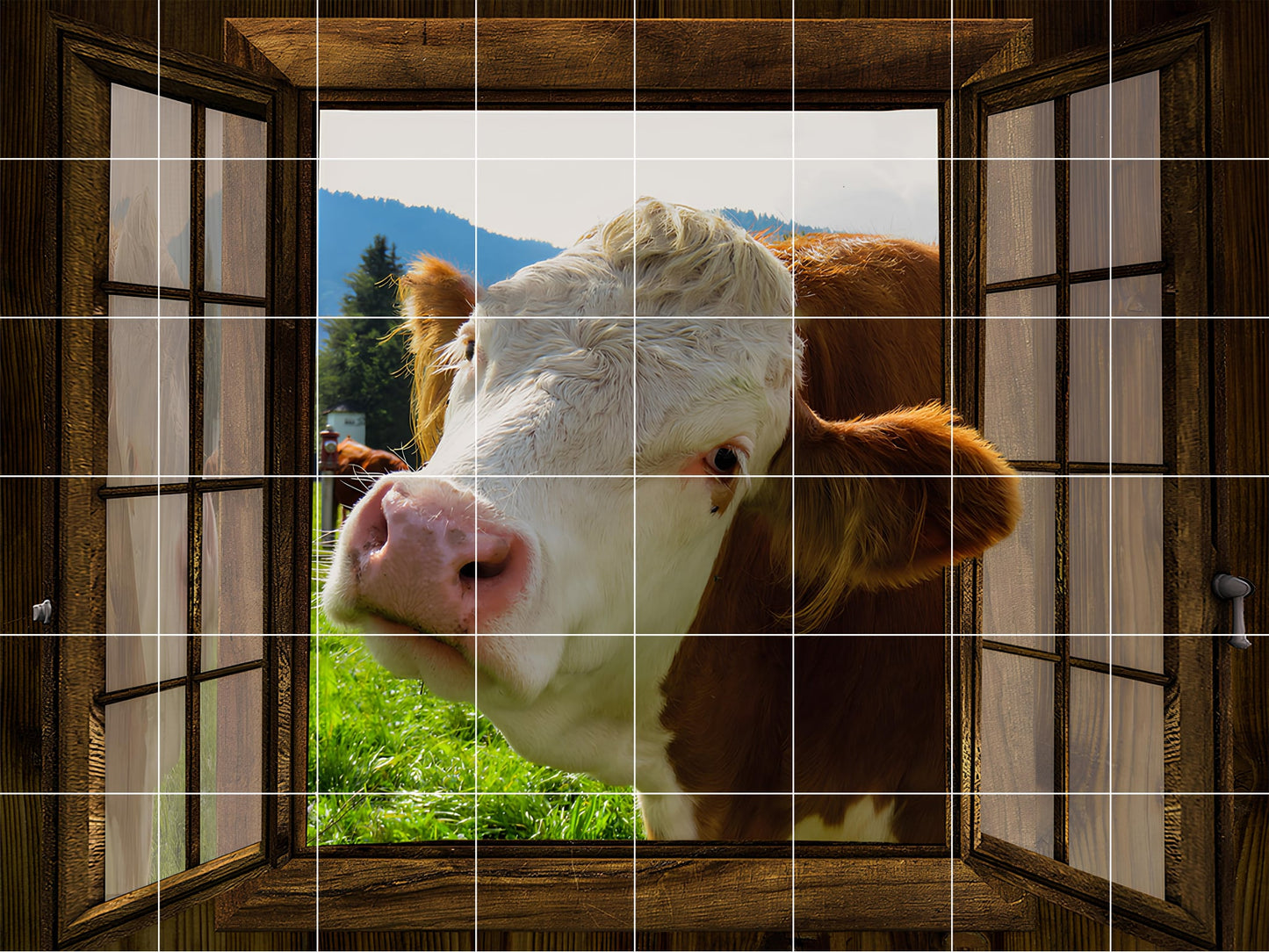 Tile Mural/Mosaic Ceramic Panel of Cow in a Window - Countryside Mural - Wall Nature Art - Tile Mural - Gloss Tiles - Cow Tile Mosaic