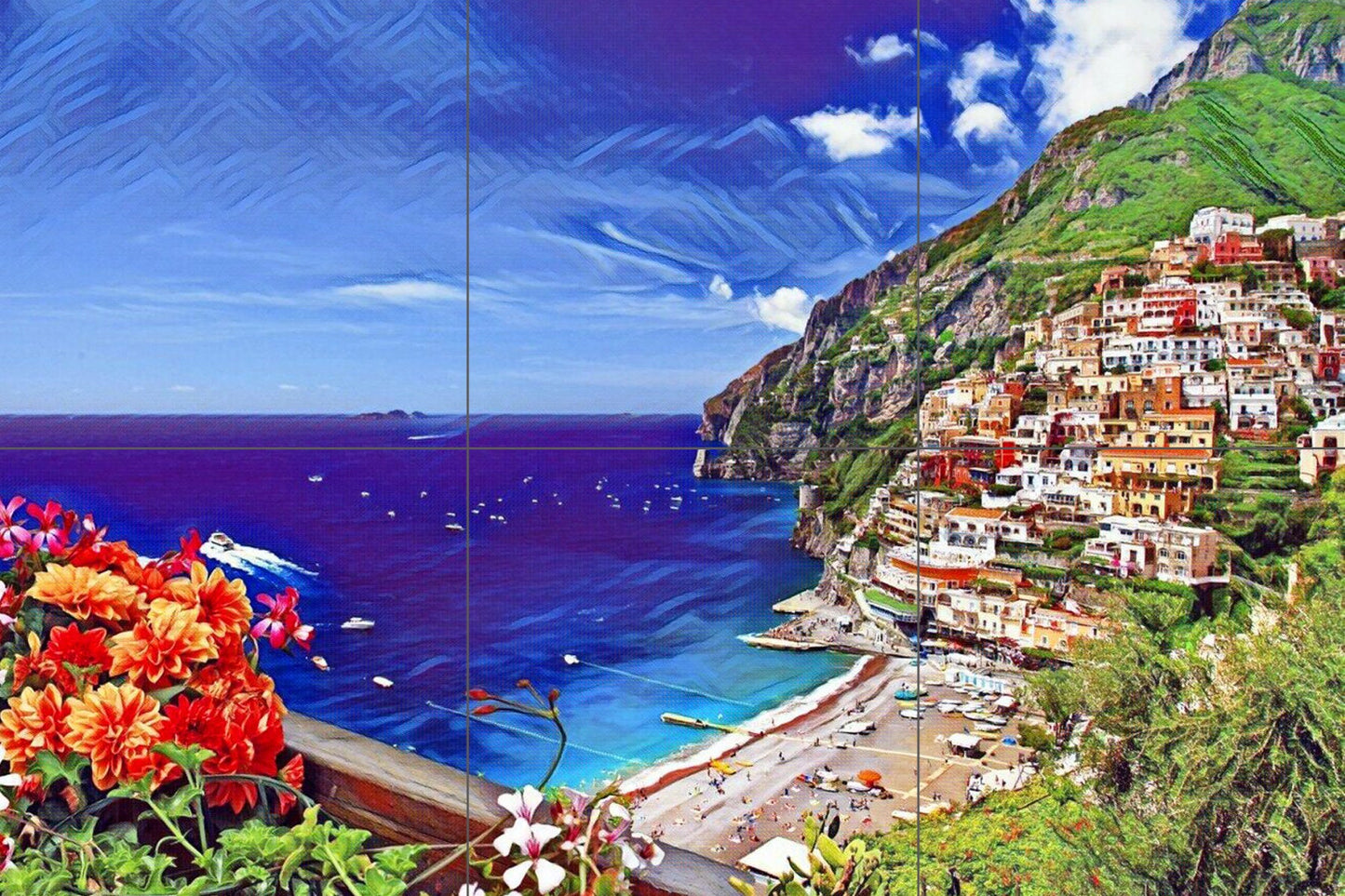 Tile Mural/Mosaic Ceramic Panel of Positano - Positiano wall print Positano wall art - Tile Mural - Italian Mosaic -Gloss Tiles -Tile Mosaic