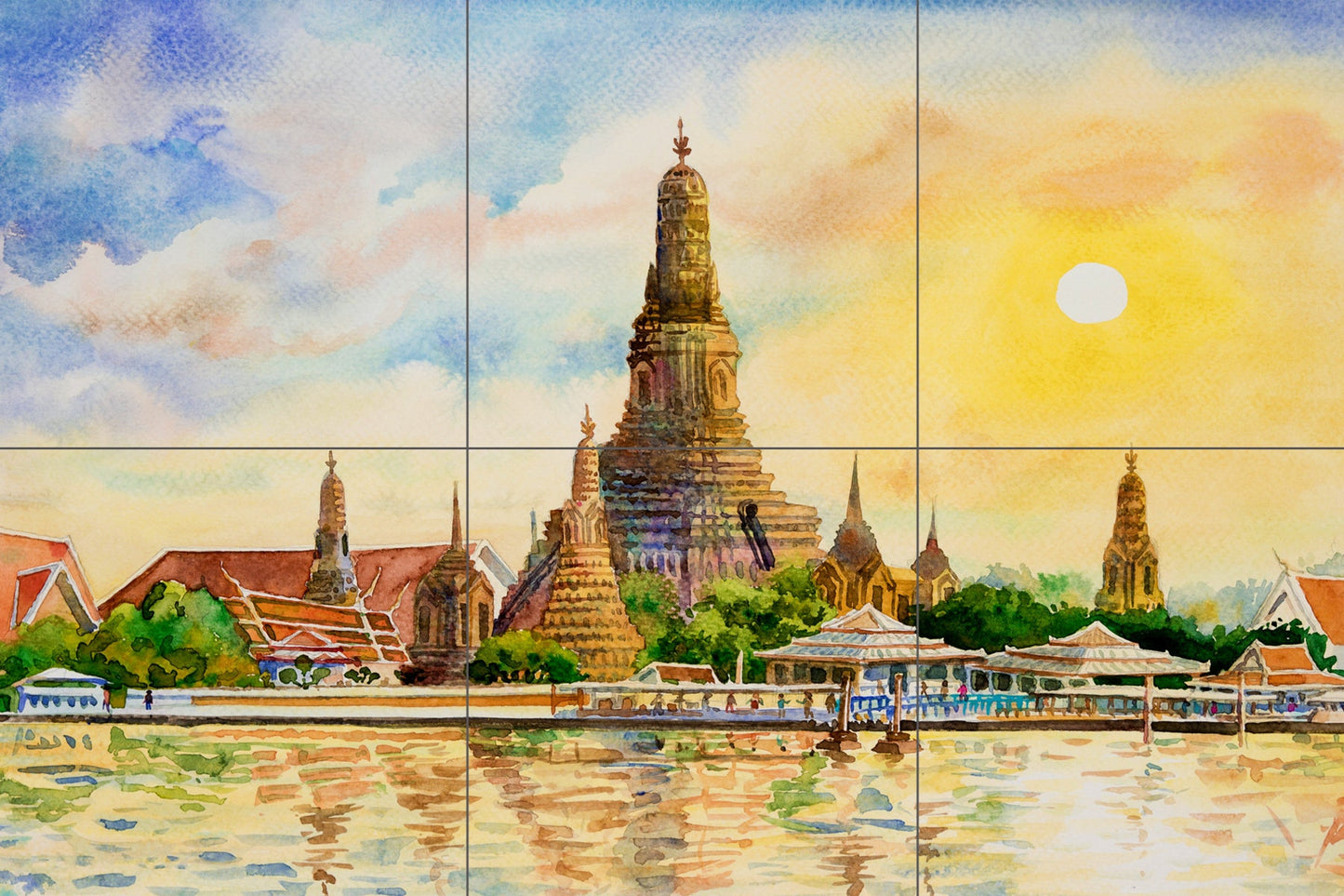Tile Mural/Mosaic Ceramic of Wat Arun Temple - Thailand - Lovely Landscape -Colourful Wall Art - Tile Mural - Gloss Tiles - Tile Mosaic