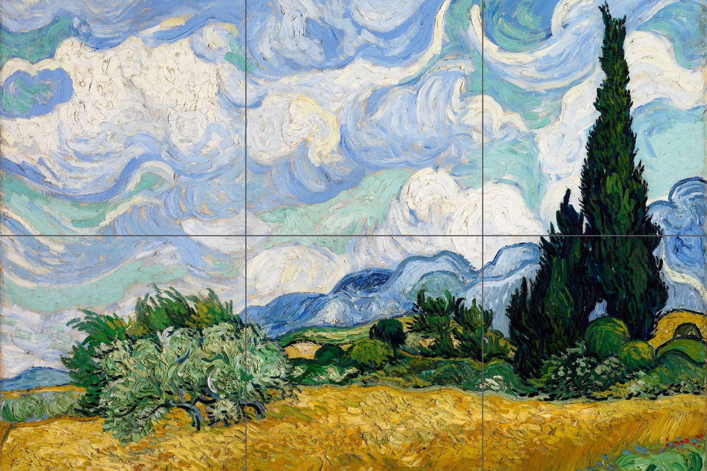 Tile Mural/Mosaic Ceramic Panel of Van Gogh Wheat Field with Cypresses - Van Gogh wall print - Tile Mural - Gloss Tiles - Tile Mosaic