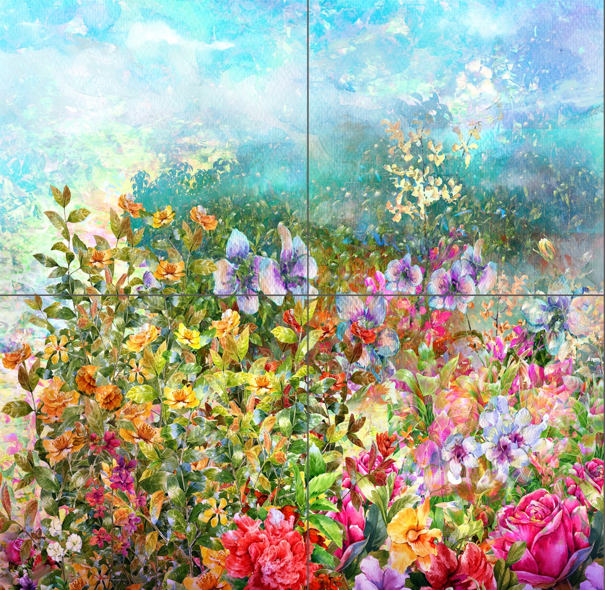 Tile Mural/Mosaic Ceramic of Flowers watercolour painting -Watercolor Flowers print - Tile Mural -Gloss Tiles -Tile Mosaic -Vintage Botanica