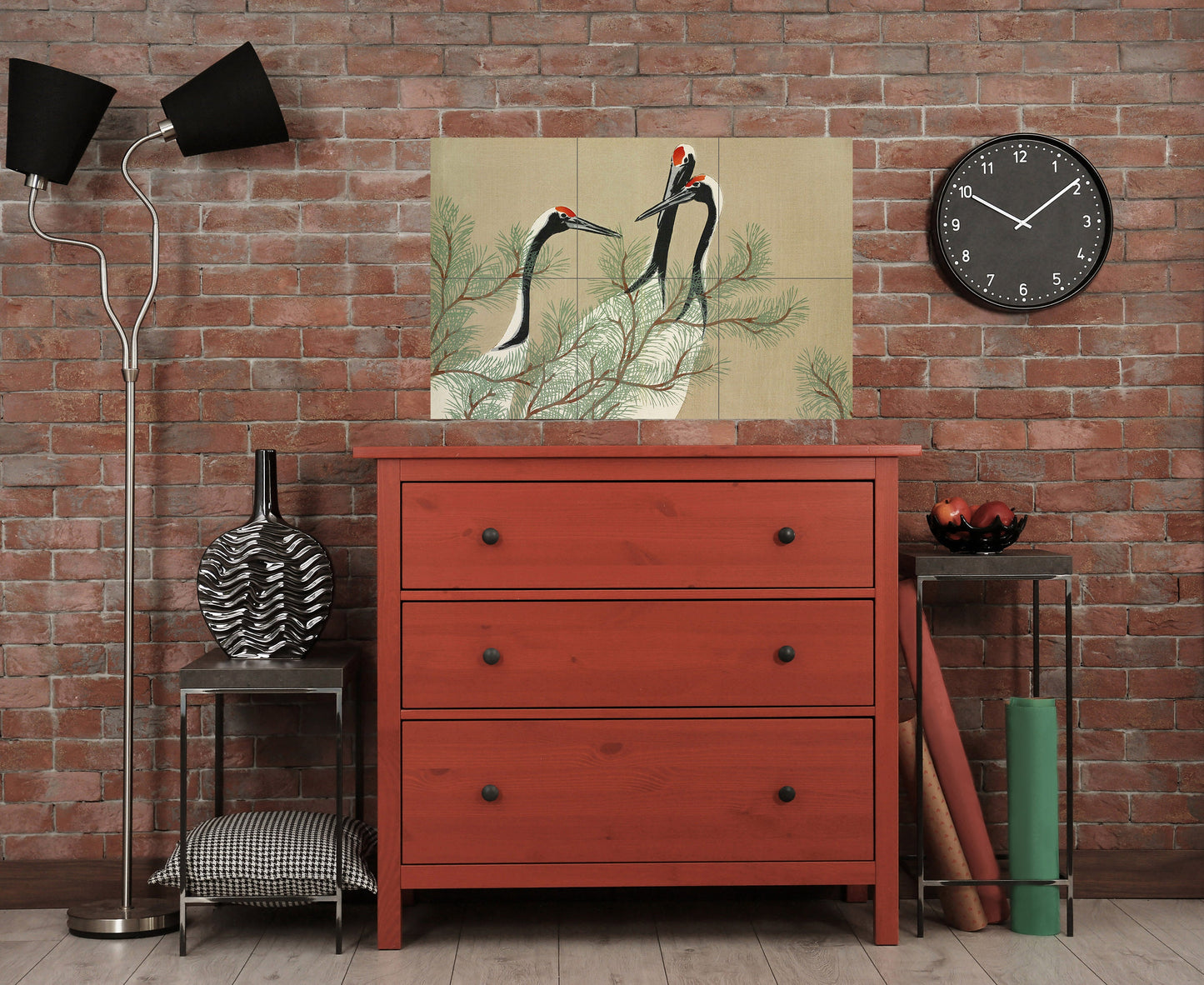 Tile Mural/Mosaic Ceramic Panel of Kamisaka Sekka Cranes from Momoyogusa Flowers - Sekka wall print - Tile Mural - Gloss Tiles - Tile Mosaic