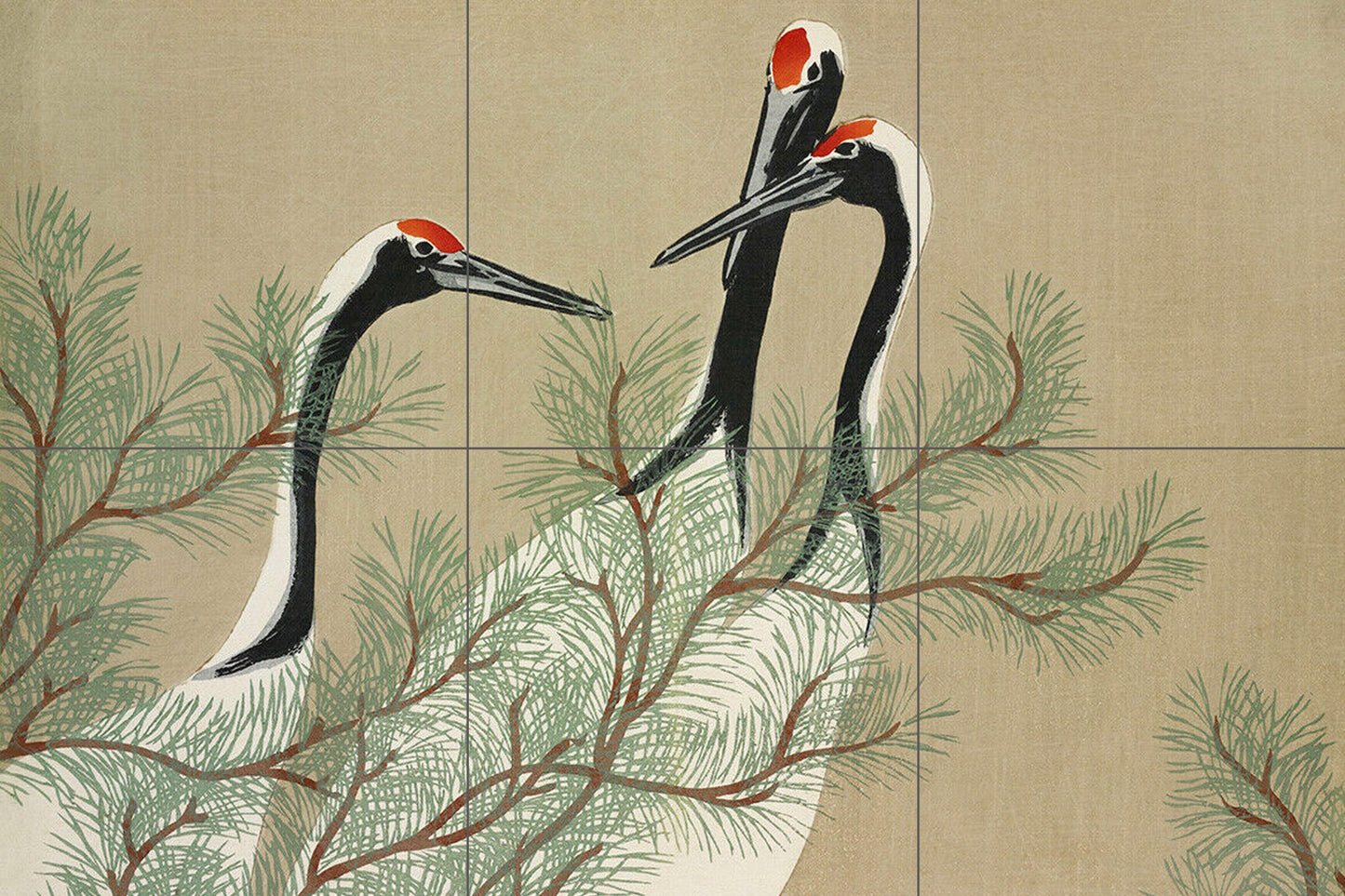 Tile Mural/Mosaic Ceramic Panel of Kamisaka Sekka Cranes from Momoyogusa Flowers - Sekka wall print - Tile Mural - Gloss Tiles - Tile Mosaic