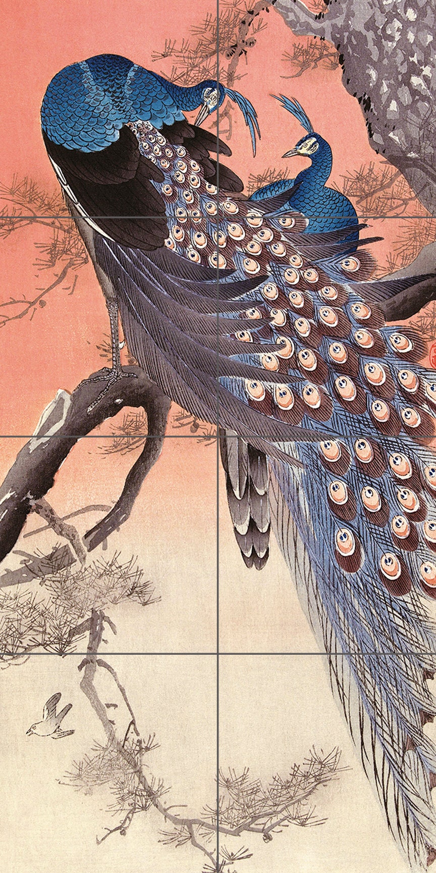 Tile Mural/Mosaic Ceramic Panel of Ohara Koson Two Peacocks on Tree Branch - Ohara Koson wall print - Tile Mural - Gloss Tiles - Tile Mosaic