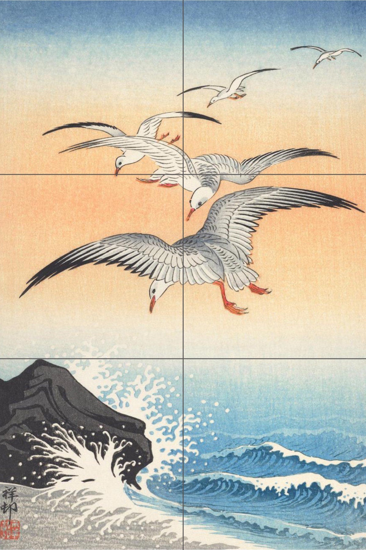 Tile Mural/Mosaic Ceramic Panel of Ohara Koson Five Seagulls - Ohara Koson wall print - Japanese print- Tile Mural -Gloss Tiles -Tile Mosaic