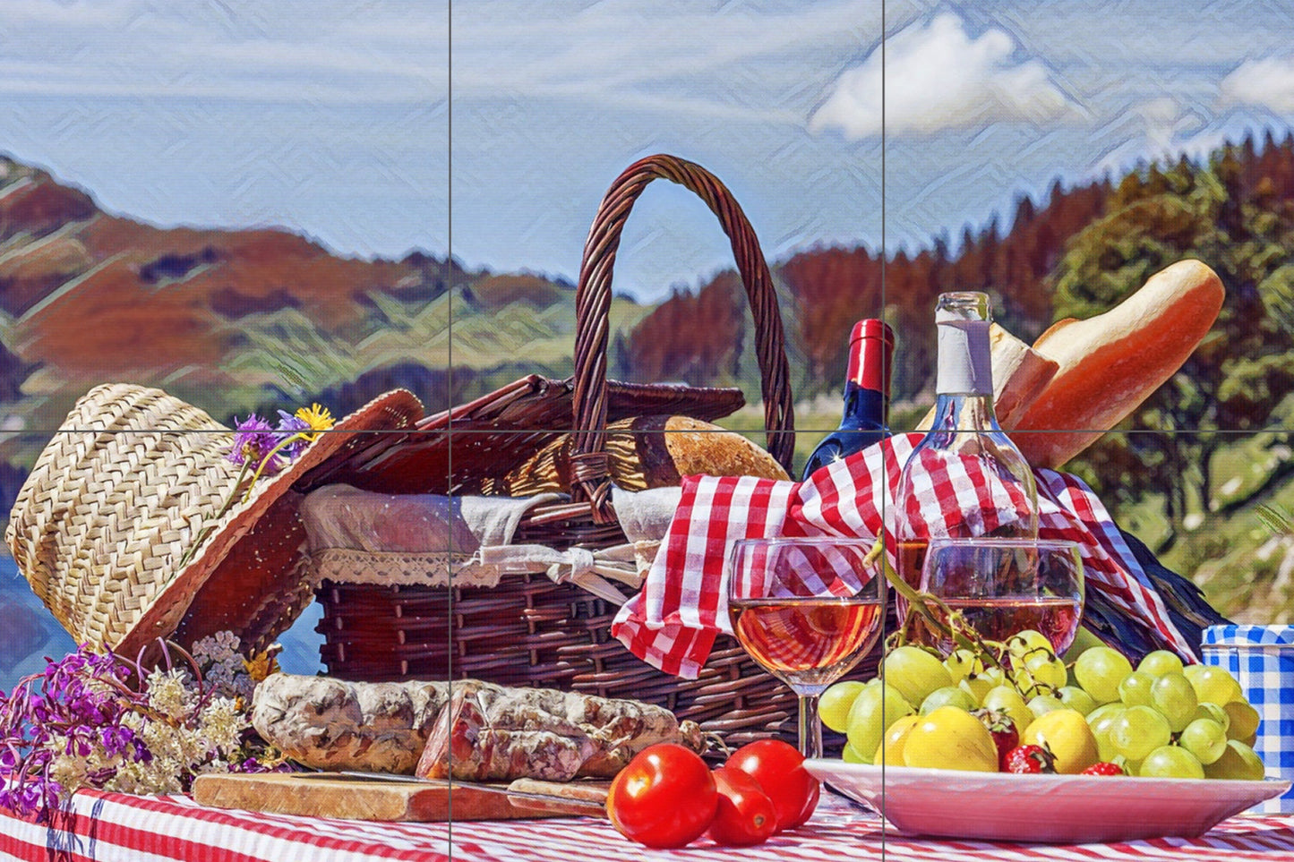 Tile Mural/Mosaic Ceramic Panel of a Wine, bread and fruit basket - Food Wall Art - Fruit wall print- Tile Mural - Gloss Tiles - Tile Mosaic