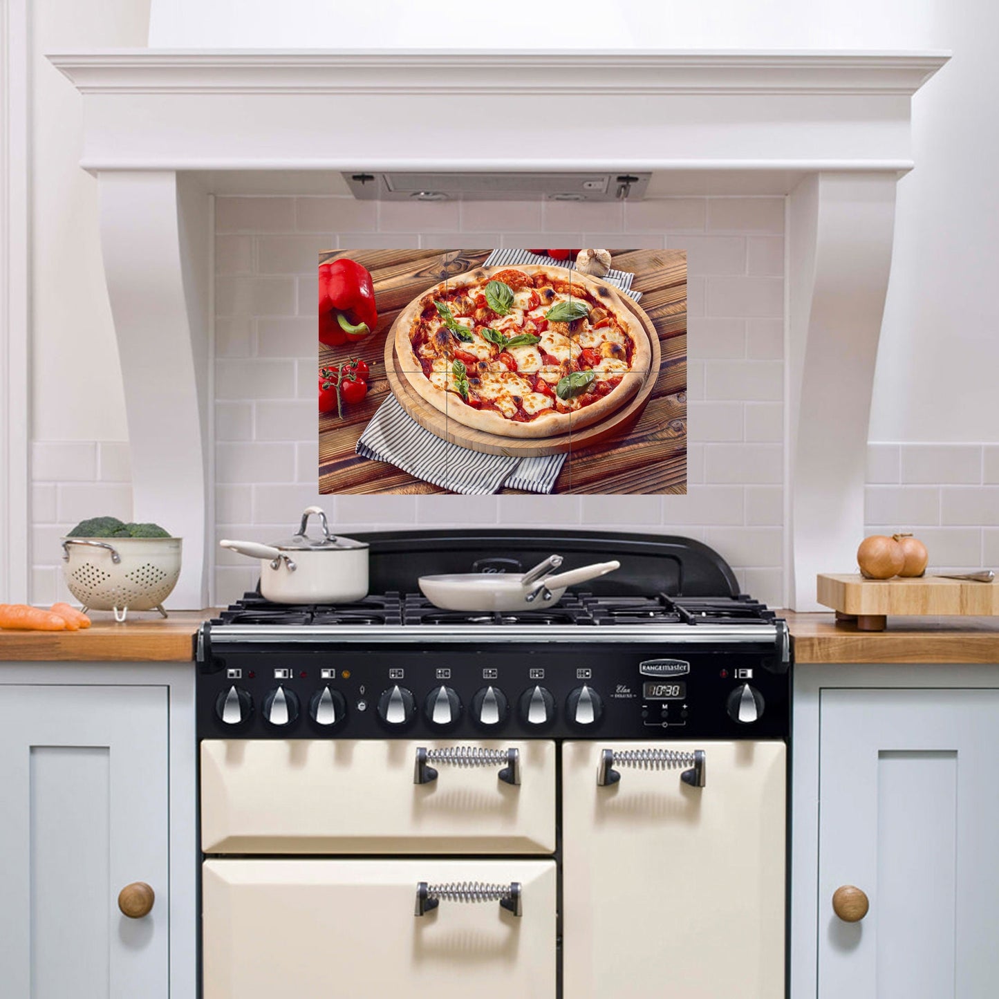 Tile Mural/Mosaic Ceramic Panel of a Pizza Margherita on a board - Pizza wall print - Restaurant print- Tile Mural -Gloss Tiles -Tile Mosaic