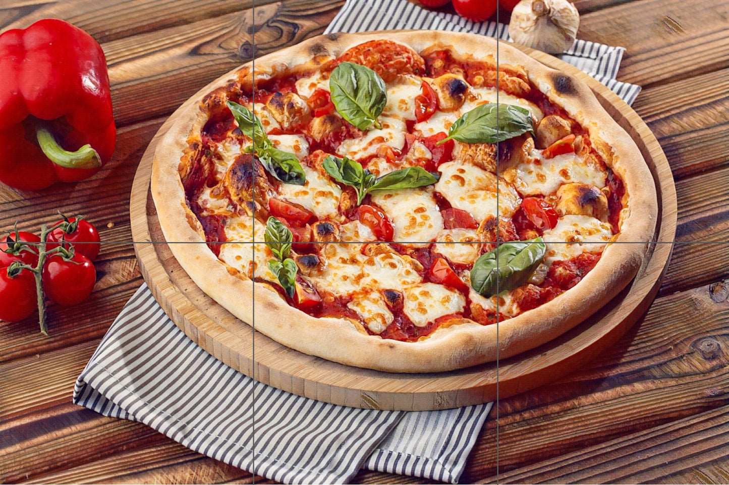 Tile Mural/Mosaic Ceramic Panel of a Pizza Margherita on a board - Pizza wall print - Restaurant print- Tile Mural -Gloss Tiles -Tile Mosaic