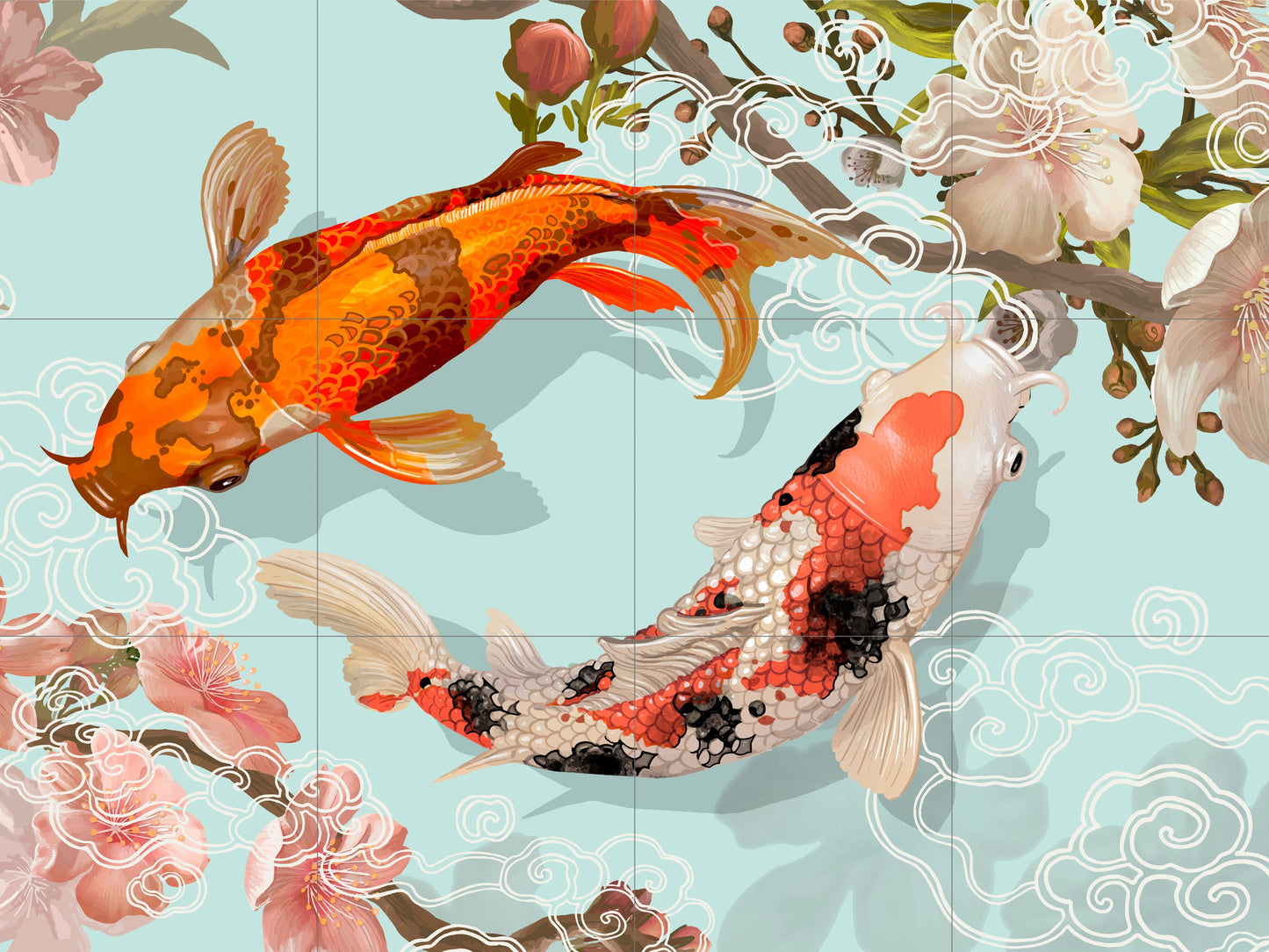 Tile Mural/Mosaic Ceramic Panel of a Japanse Koi Fish Japan Painting - Colourful Wall Nature Art - Tile Mural - Koi fish print - Tile Mosaic