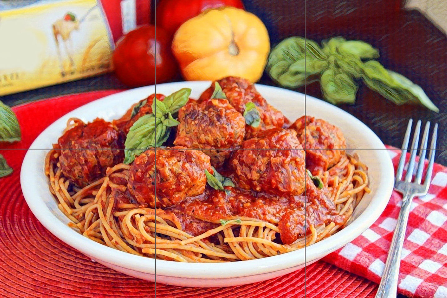 Tile Mural/Mosaic Ceramic Panel of Spaghetti with Meatballs - Italian food print - Food Wall Art - Tile Mural - Gloss Tiles - Tile Mosaic