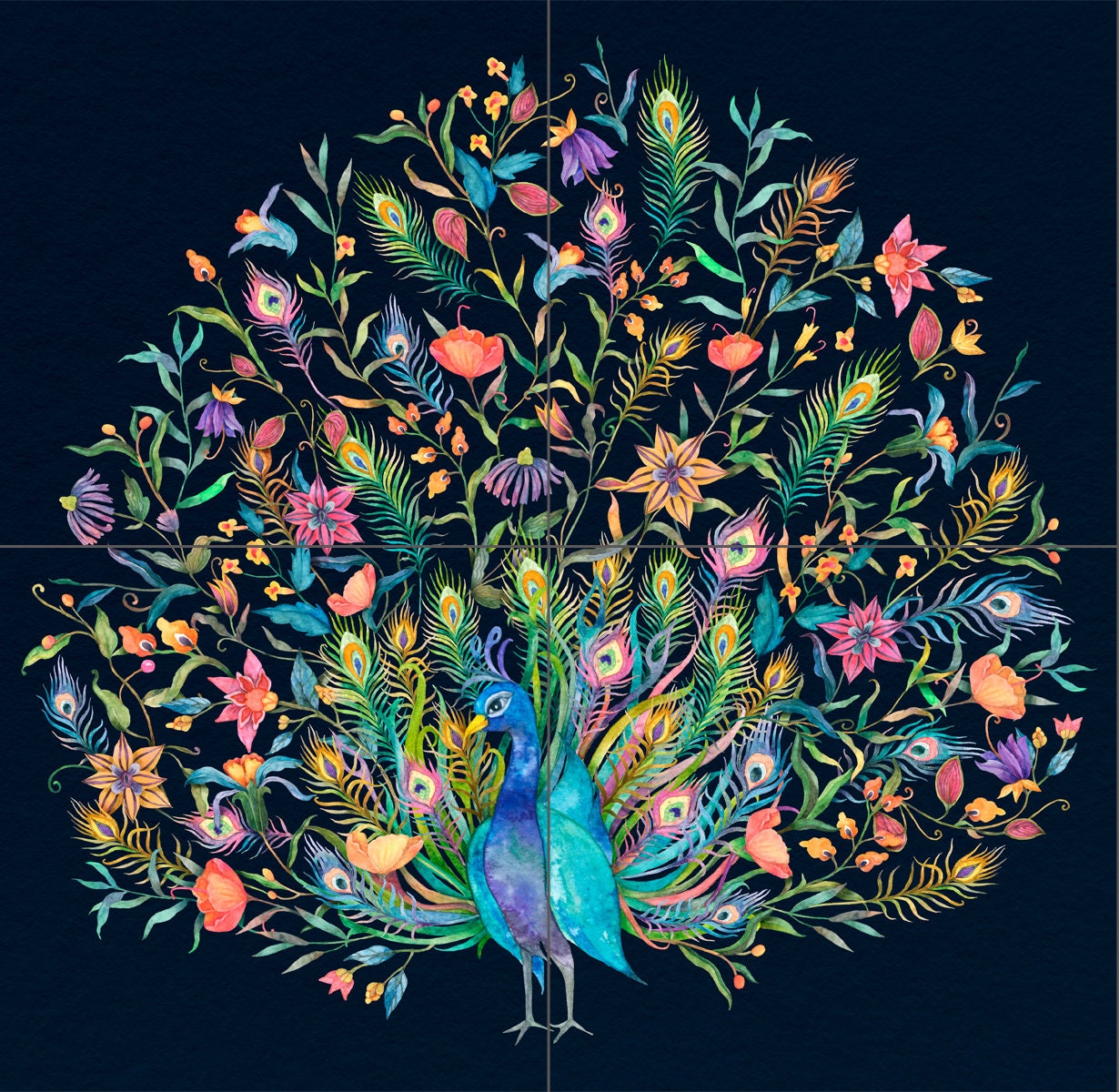 Tile Mural/Mosaic Ceramic Panel of a Peacock and flowers - Colourful Wall Nature Art - Tile Mural - Gloss Tiles - Tile Mosaic