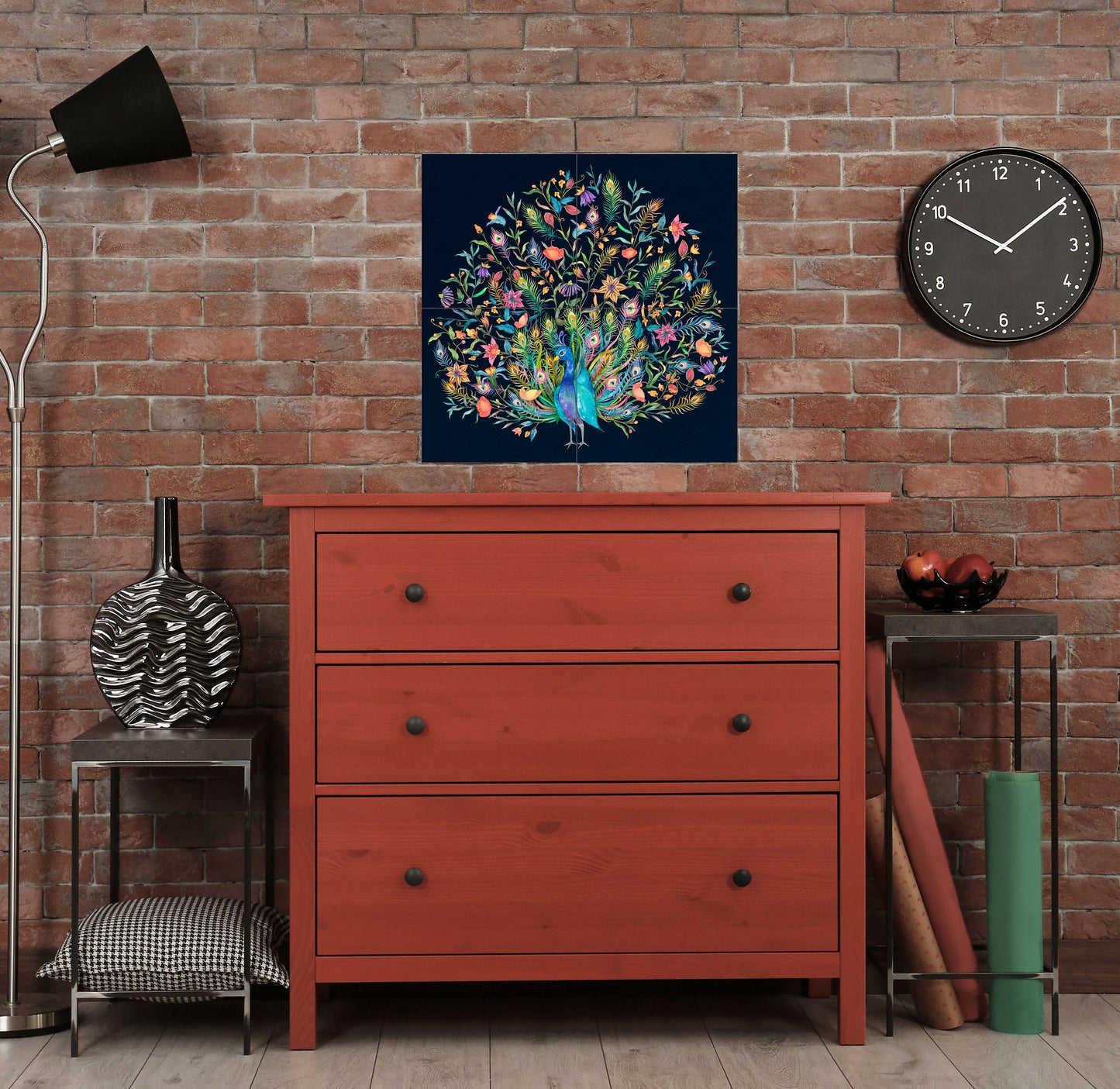 Tile Mural/Mosaic Ceramic Panel of a Peacock and flowers - Colourful Wall Nature Art - Tile Mural - Gloss Tiles - Tile Mosaic