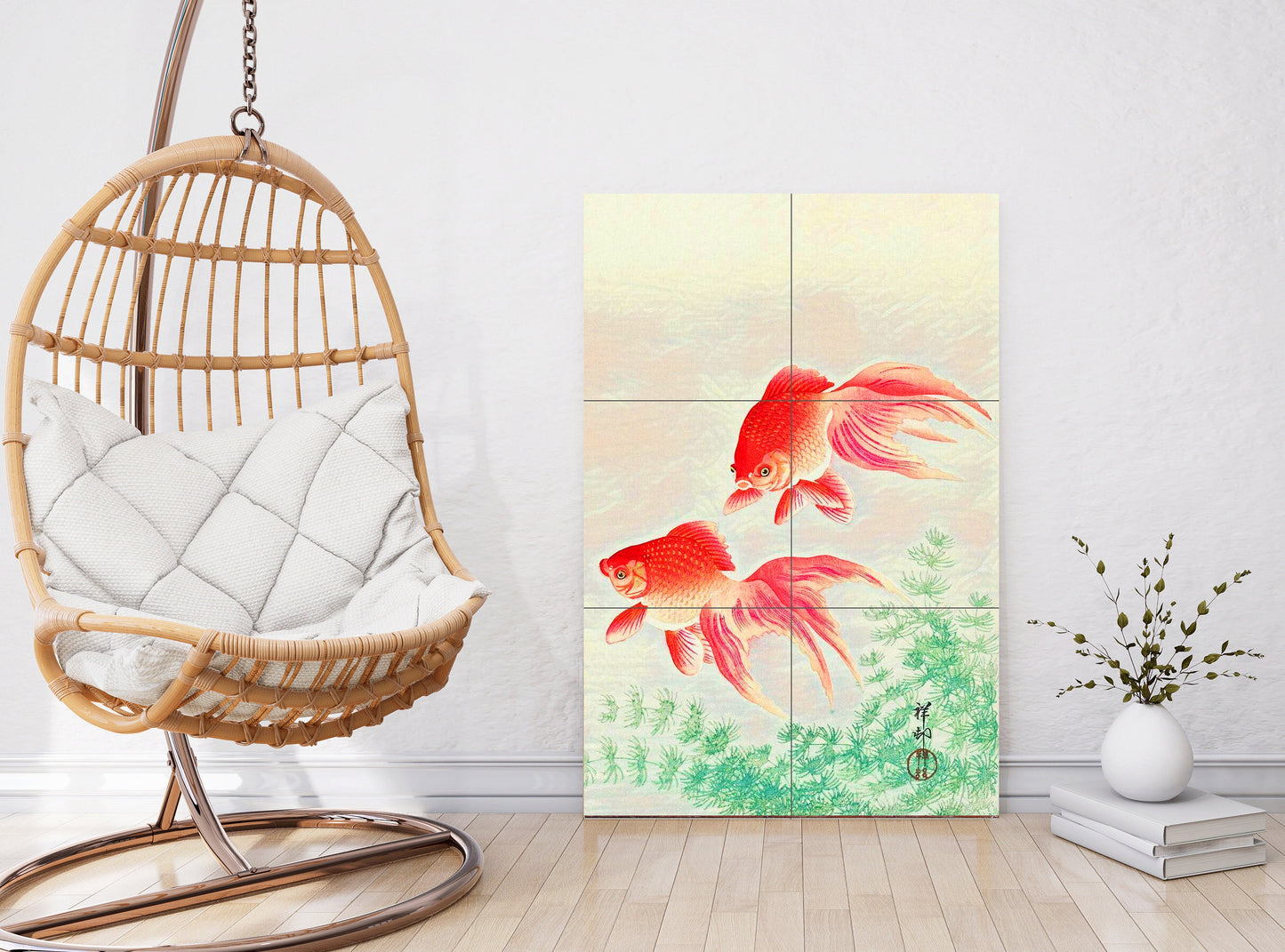 Tile Mural/Mosaic Ceramic Panel of Ohara Koson Two veil Goldfish - Gold fish wall print - Tile Mural -Gloss Tiles - Tile Mosaic - Fish Mural