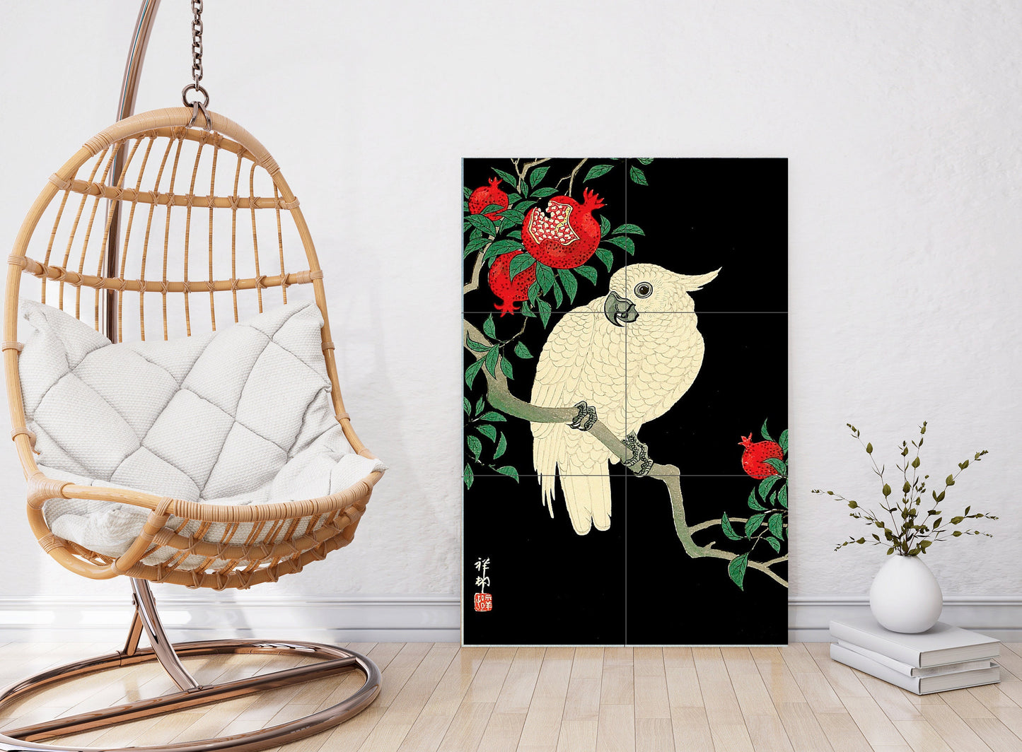 Tile Mural/Mosaic Ceramic Panel of Cockatoo and Pomegranate by Ohara Koson- Koson Wall Art -Tile Mural - Gloss Tiles - Tile Mosaic