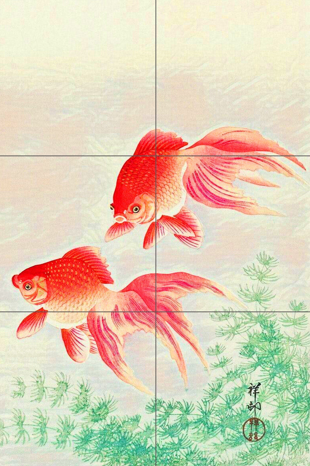 Tile Mural/Mosaic Ceramic Panel of Ohara Koson Two veil Goldfish - Gold fish wall print - Tile Mural -Gloss Tiles - Tile Mosaic - Fish Mural