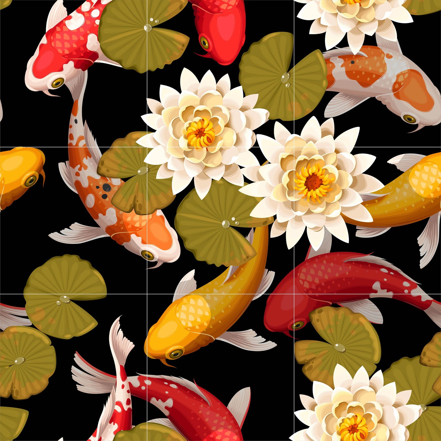Tile Mural/Mosaic Ceramic Panel of a Japanese Koi Fish and Lotus -Koi Fish Wall Art - Koi fish print- Tile Mural - Gloss Tiles - Tile Mosaic