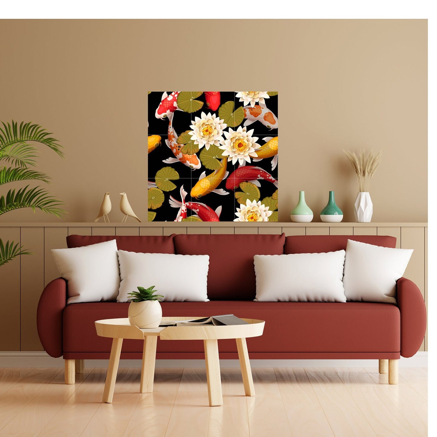 Tile Mural/Mosaic Ceramic Panel of a Japanese Koi Fish and Lotus -Koi Fish Wall Art - Koi fish print- Tile Mural - Gloss Tiles - Tile Mosaic