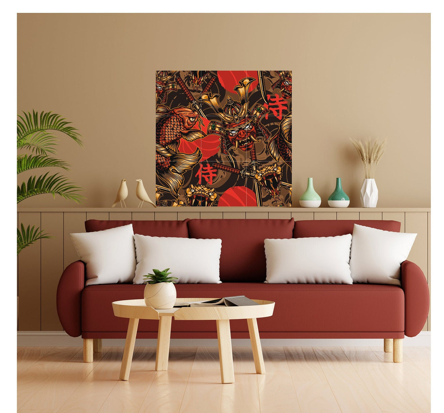 Tile Mural/Mosaic Ceramic Panel of a Japanese Koi Fish and Samurai - Colourful Wall Japanese Art - Tile Mural - Gloss Tiles - Tile Mosaic