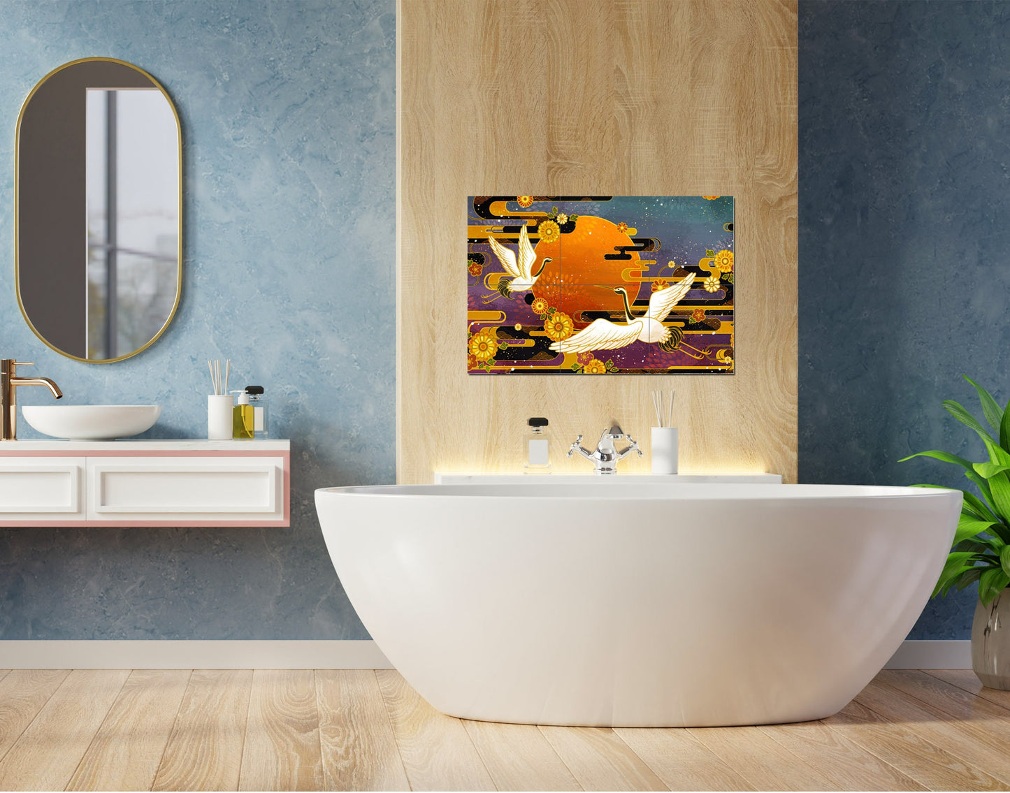 Tile Mural/Mosaic Ceramic Panel of Japanese Cranes - Japanese wall art - Crane Wall Art - Crane bird print Tile Mural - Bird Tile Mosaic