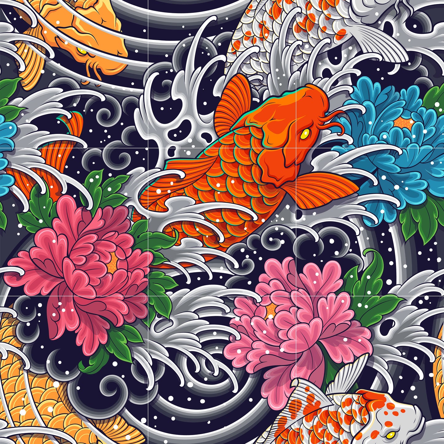 Tile Mural/Mosaic Ceramic Panel of a Japanese Koi Fish Painting - Colourful Wall Japanese Art - Tile Mural - Gloss Tiles - Tile Mosaic