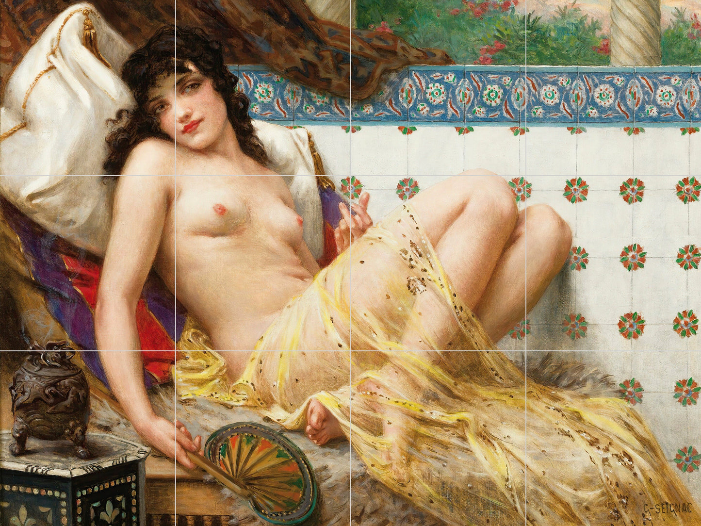 Tile Mural/Mosaic Ceramic Panel of Seignac Odalisque With The Fan-Seignac Nude print -Seignac Odalisque -Tile Mural -Gloss Tiles-Tile Mosaic