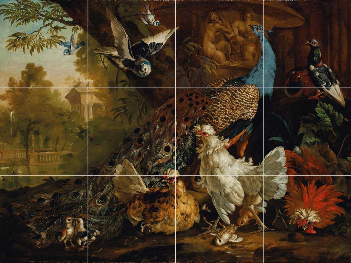 Tile Mural/Mosaic Ceramic Panel of a A peacock, chickens, pigeons - Casteels - Wall Art Painting - Botanical Bird -Tile Mural -Tile Mosaic