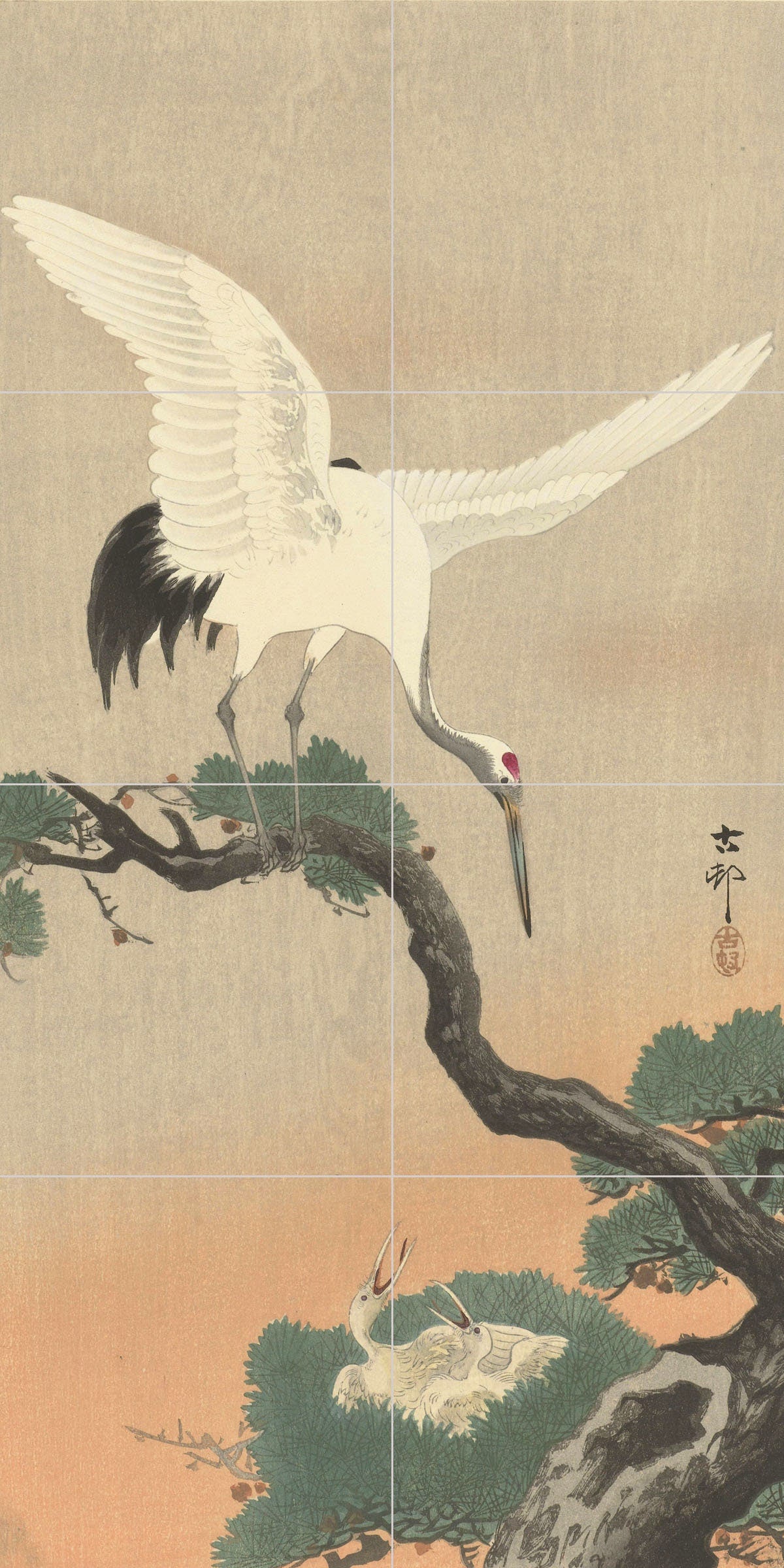 Tile Mural/Mosaic Ceramic Panel of Ohara Koson Japanese crane on branch of pine - Koson wall print - Tile Mural - Gloss Tiles - Tile Mosaic