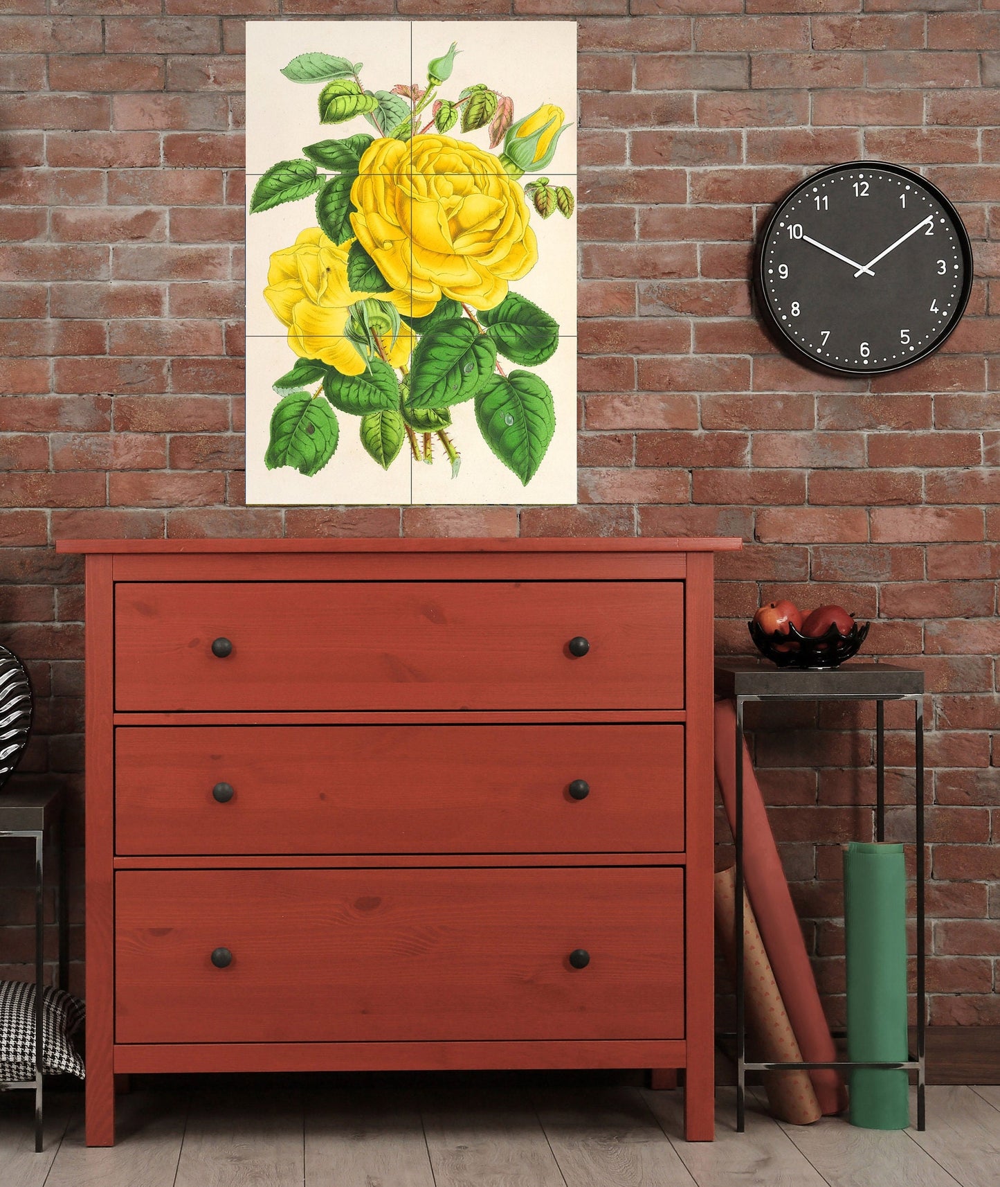 Tile Mural/Mosaic Ceramic Panel of Yellow Roses - Botanical Wall Art Painting -Vintage botanical print -Tile Mural -Gloss Tiles -Tile Mosaic