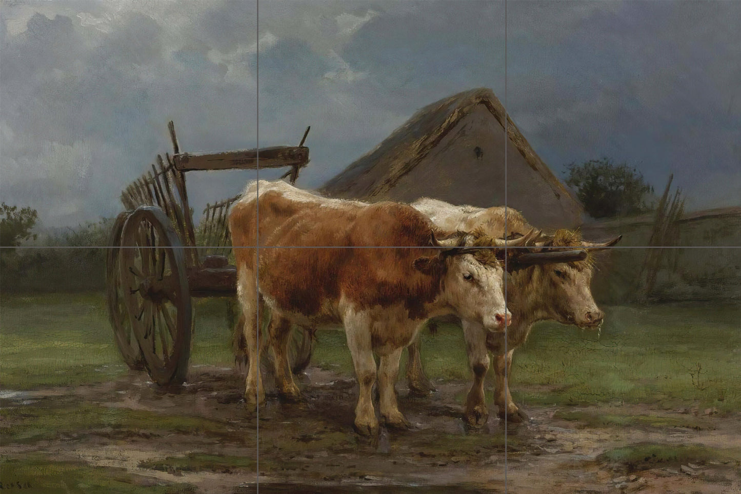 Tile Mural/Mosaic Ceramic Panel of Rosa Bonheur Oxen Pulling A Cart - Cow wall print - Countryside Tile Mural - Gloss Tiles -Cow Tile Mosaic