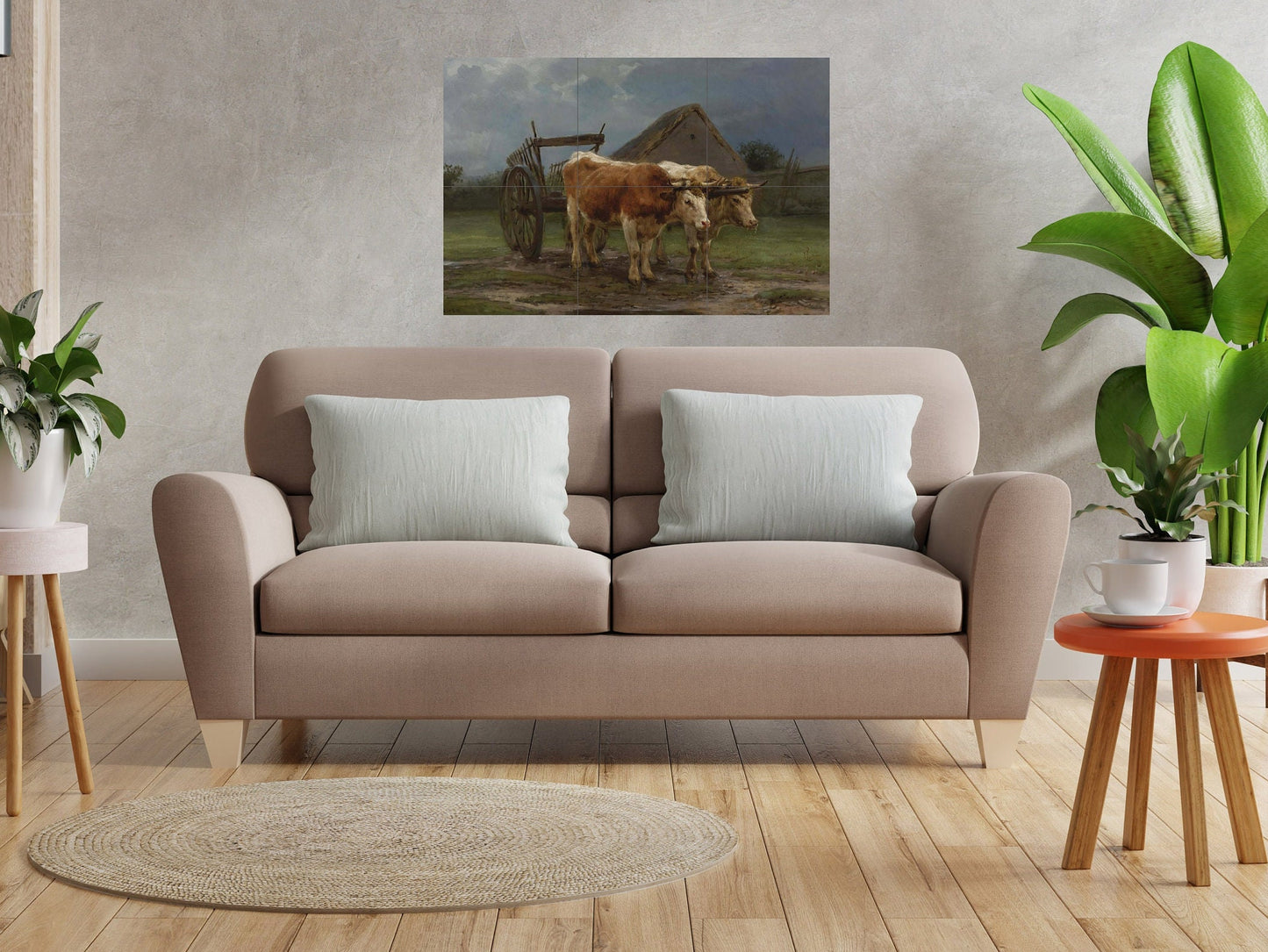 Tile Mural/Mosaic Ceramic Panel of Rosa Bonheur Oxen Pulling A Cart - Cow wall print - Countryside Tile Mural - Gloss Tiles -Cow Tile Mosaic