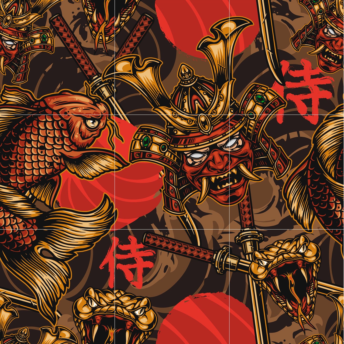Tile Mural/Mosaic Ceramic Panel of a Japanese Koi Fish and Samurai - Colourful Wall Japanese Art - Tile Mural - Gloss Tiles - Tile Mosaic