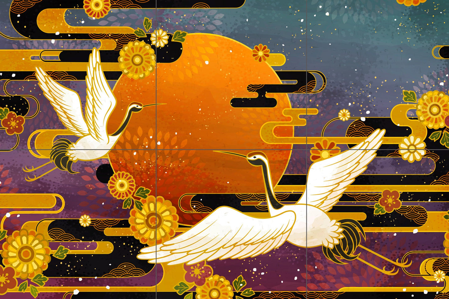 Tile Mural/Mosaic Ceramic Panel of Japanese Cranes - Japanese wall art - Crane Wall Art - Crane bird print Tile Mural - Bird Tile Mosaic