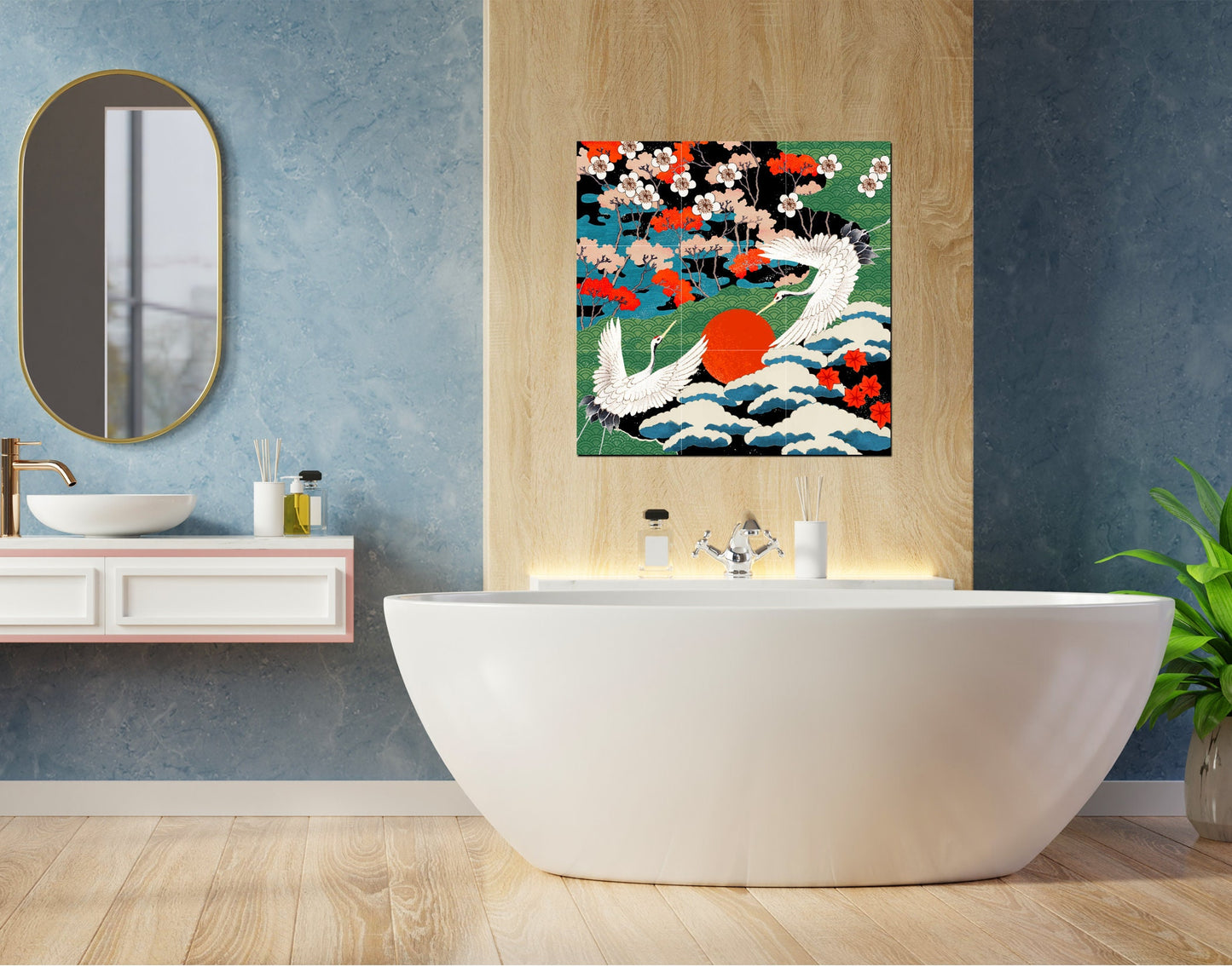 Tile Mural/Mosaic Ceramic Panel of Japanese Cranes - Cranes Wall Print - Japanese crane print - Tile Mural - Gloss Tiles - Tile Mosaic