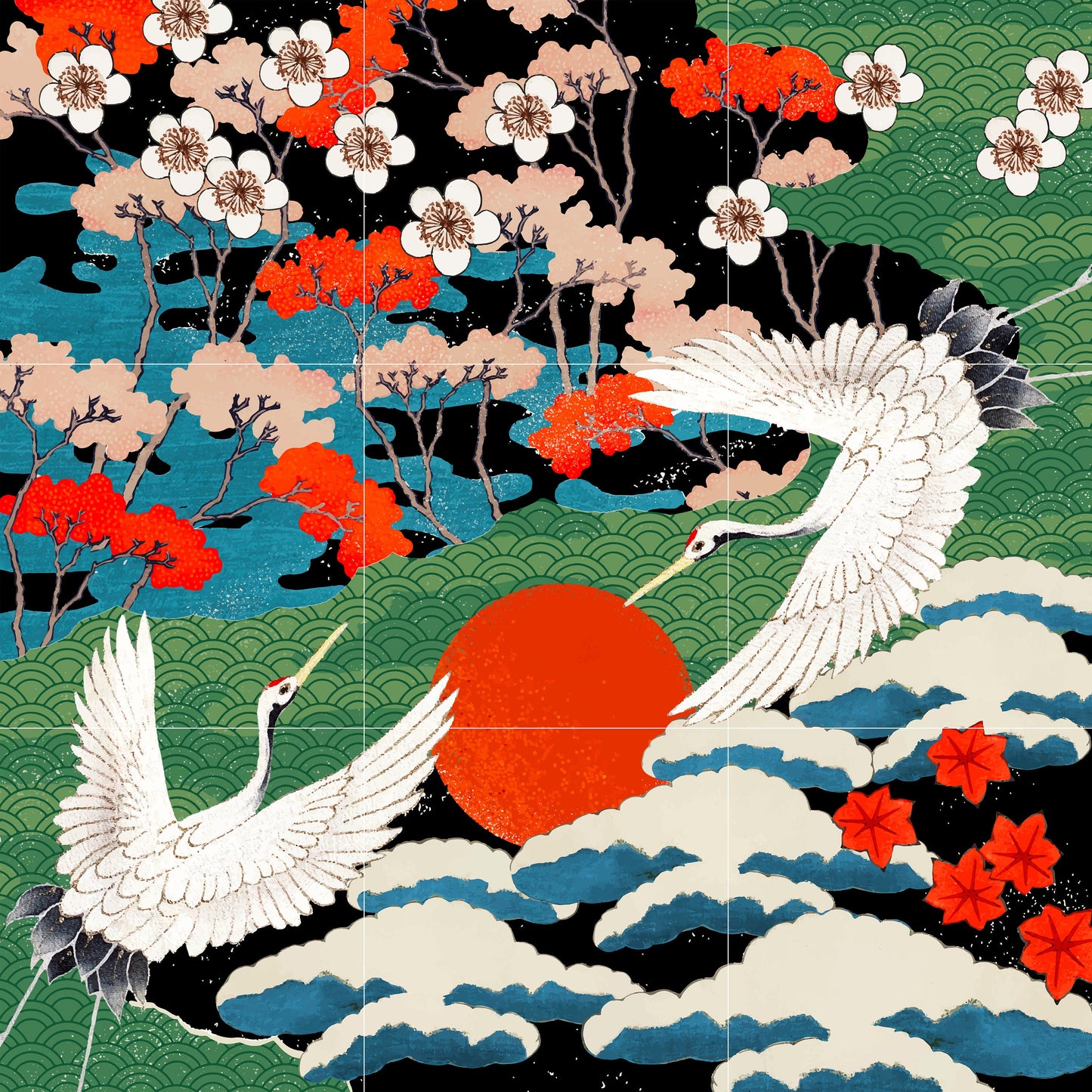 Tile Mural/Mosaic Ceramic Panel of Japanese Cranes - Cranes Wall Print - Japanese crane print - Tile Mural - Gloss Tiles - Tile Mosaic