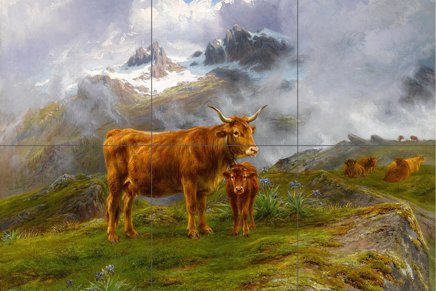 Tile Mural/Mosaic Ceramic Panel of Highland Cattle - Bonheur - Colourful Wall Nature Art - Tile Mural - Gloss Tiles - Tile Mosaic