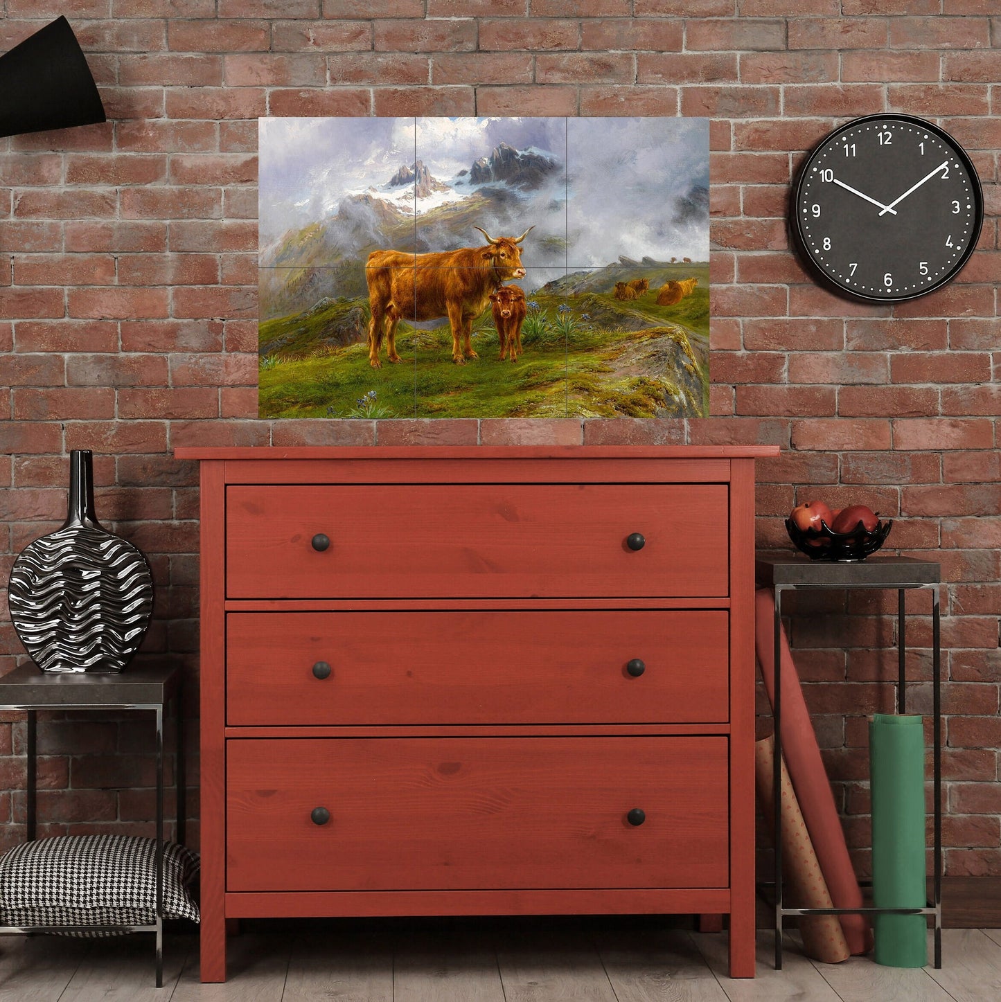 Tile Mural/Mosaic Ceramic Panel of Highland Cattle - Bonheur - Colourful Wall Nature Art - Tile Mural - Gloss Tiles - Tile Mosaic