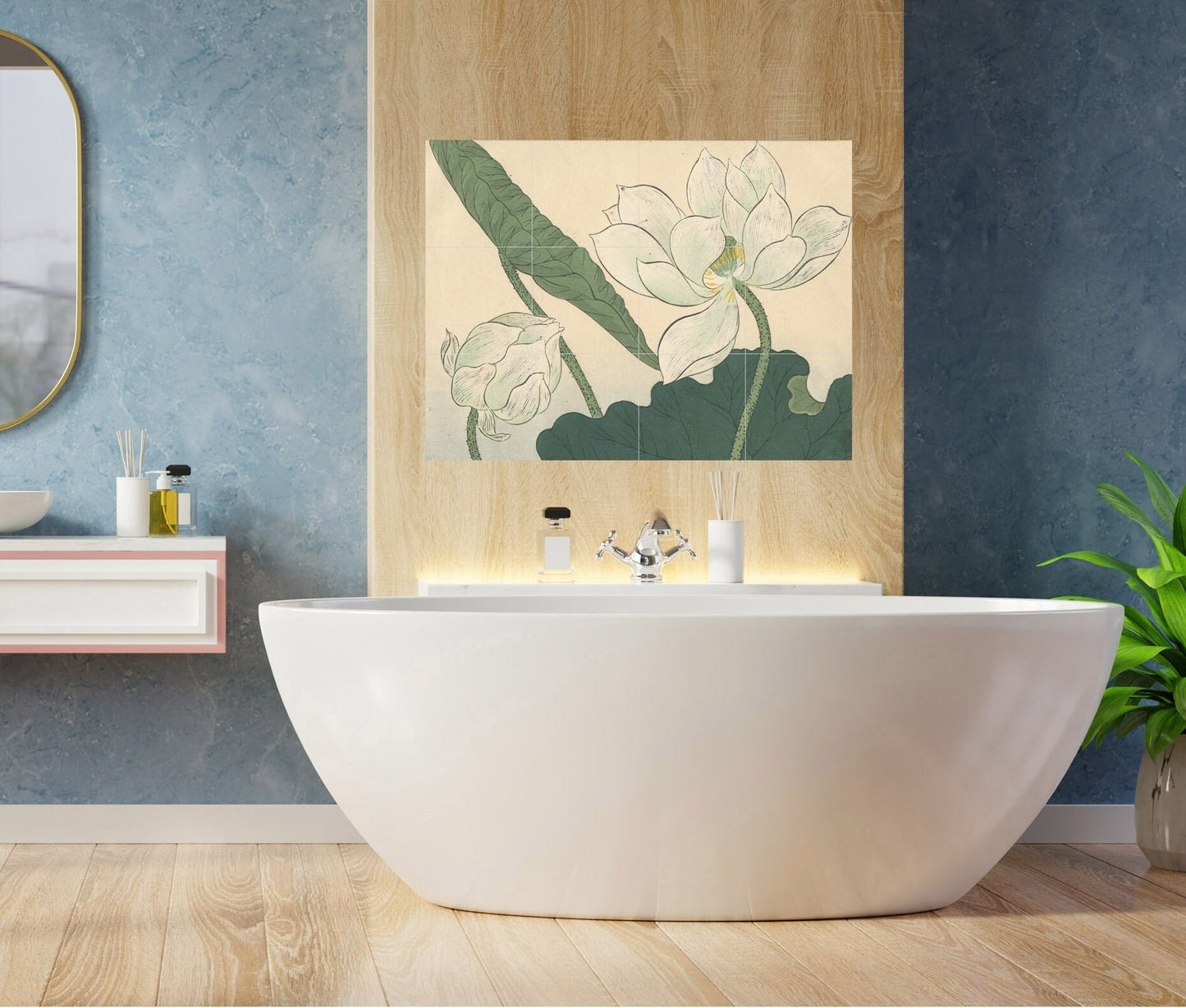 Tile Mural/Mosaic Ceramic Panel of Lotus Flower Sakai Hoitsu -Japanese Wall Art - Tile Mural - Gloss Tiles -Tile Mosaic