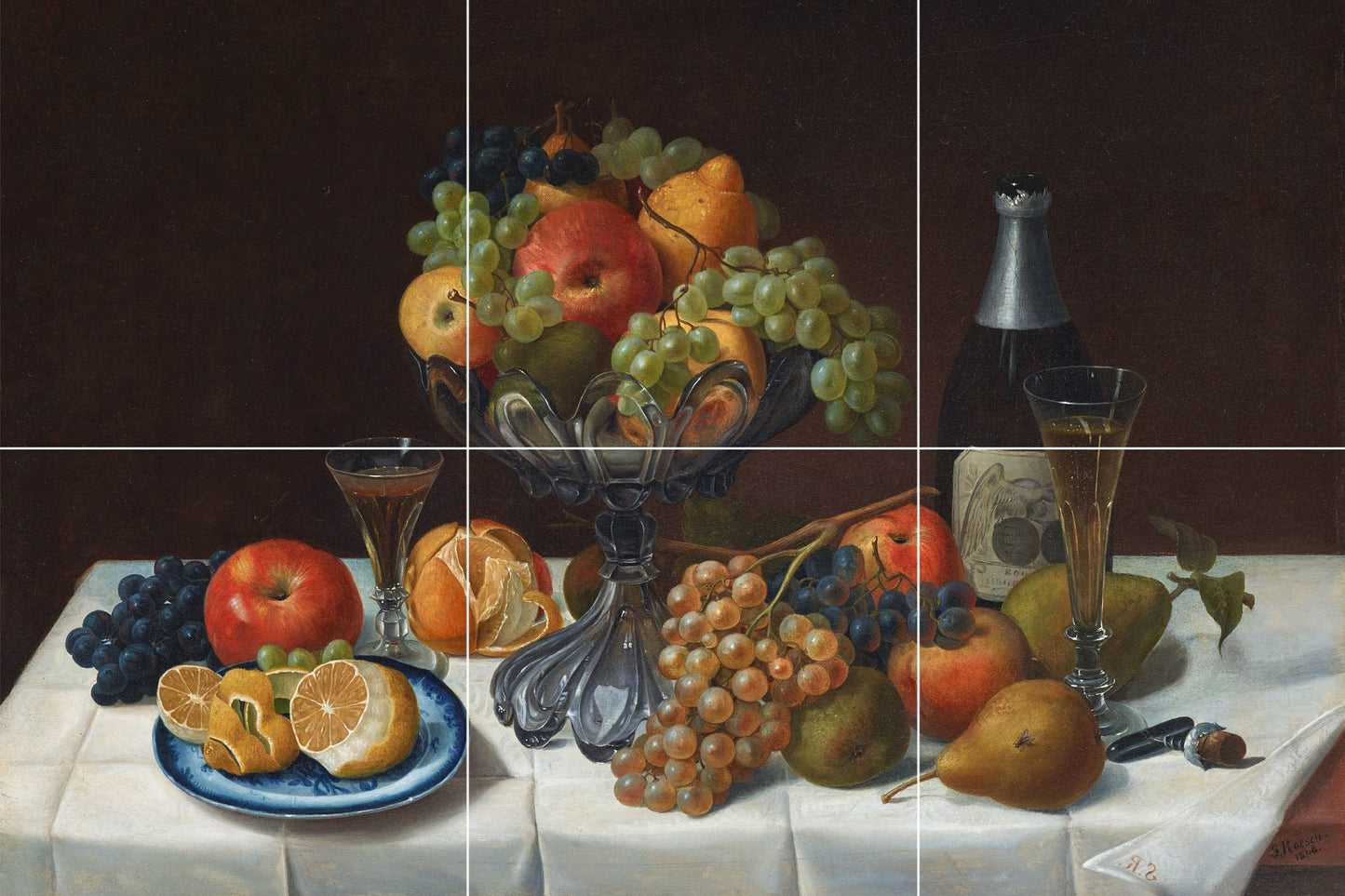 Tile Mural/Mosaic Ceramic Panel Still life of Fruit with Champagne - Roesen print - Still life print -Tile Mural- Fruit print-Still life art