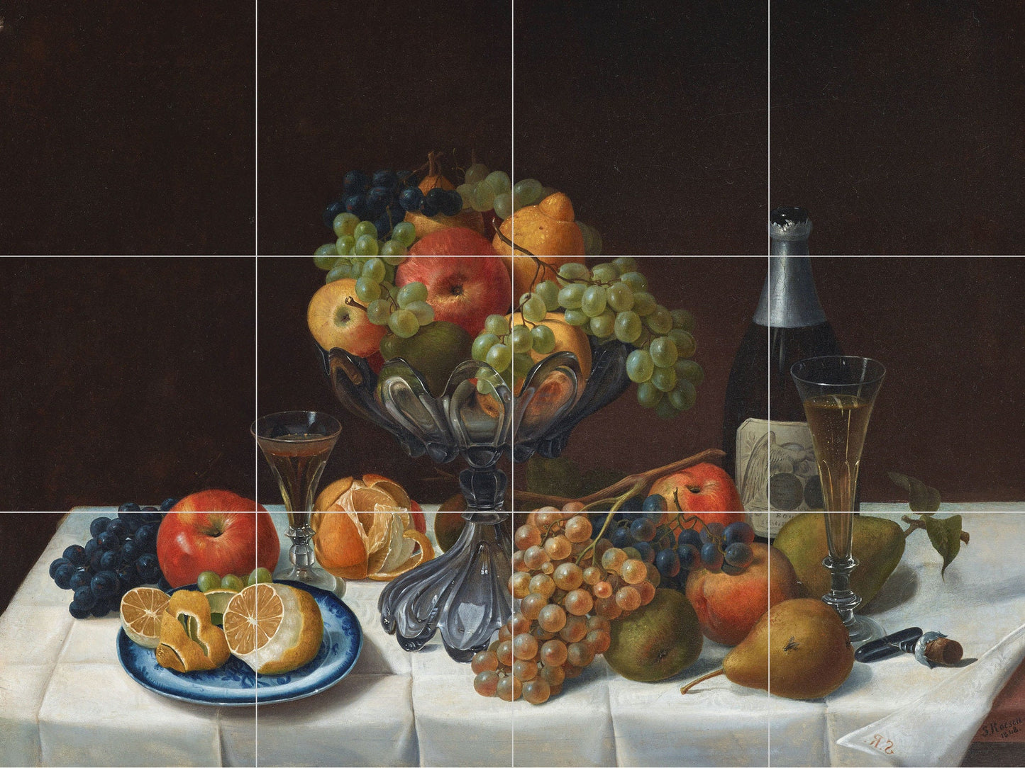 Tile Mural/Mosaic Ceramic Panel Still life of Fruit with Champagne - Roesen print - Still life print -Tile Mural- Fruit print-Still life art