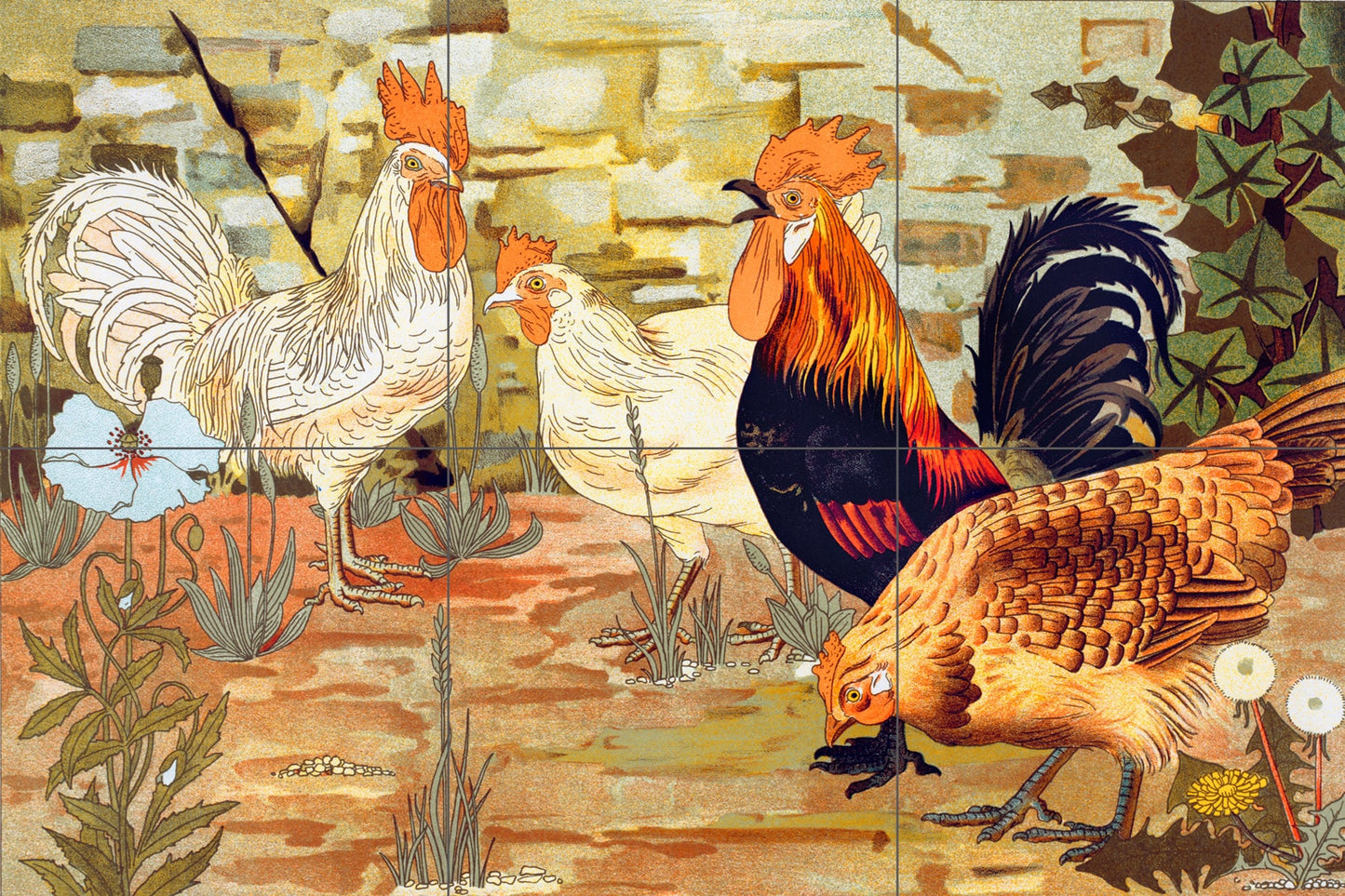 Tile Mural/Mosaic Ceramic Panel of Roosters and hens Verneuil - Colourful Wall Nature Art - Tile Mural Art Print - Gloss Tiles - Tile Mosaic