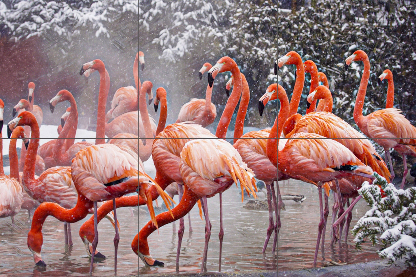 Tile Mural/Mosaic Ceramic Panel of Flamingos in the snow - Bird Wall Nature Art - Flamingos wall print - Home Decor -Tile Mosaic -wall tiles