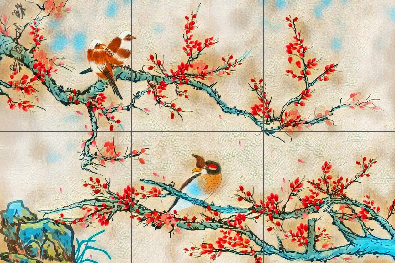 Tile Mural/Mosaic Ceramic Panel of Japanese Birds and Blossoms - Colourful Wall Nature Art - Tile Mural - Gloss Tiles - Tile Mosaic