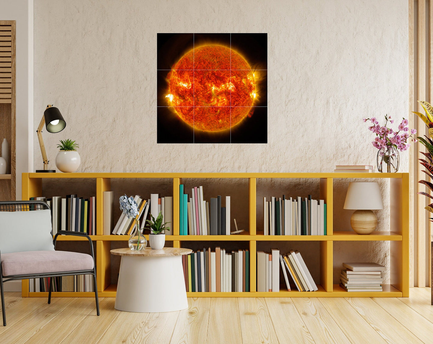 Tile Mural/Mosaic Ceramic Panel of the Sun emitting a mid-level solar flare -Colourful Space Wall Art - Tile Mural -Gloss Tiles -Tile Mosaic