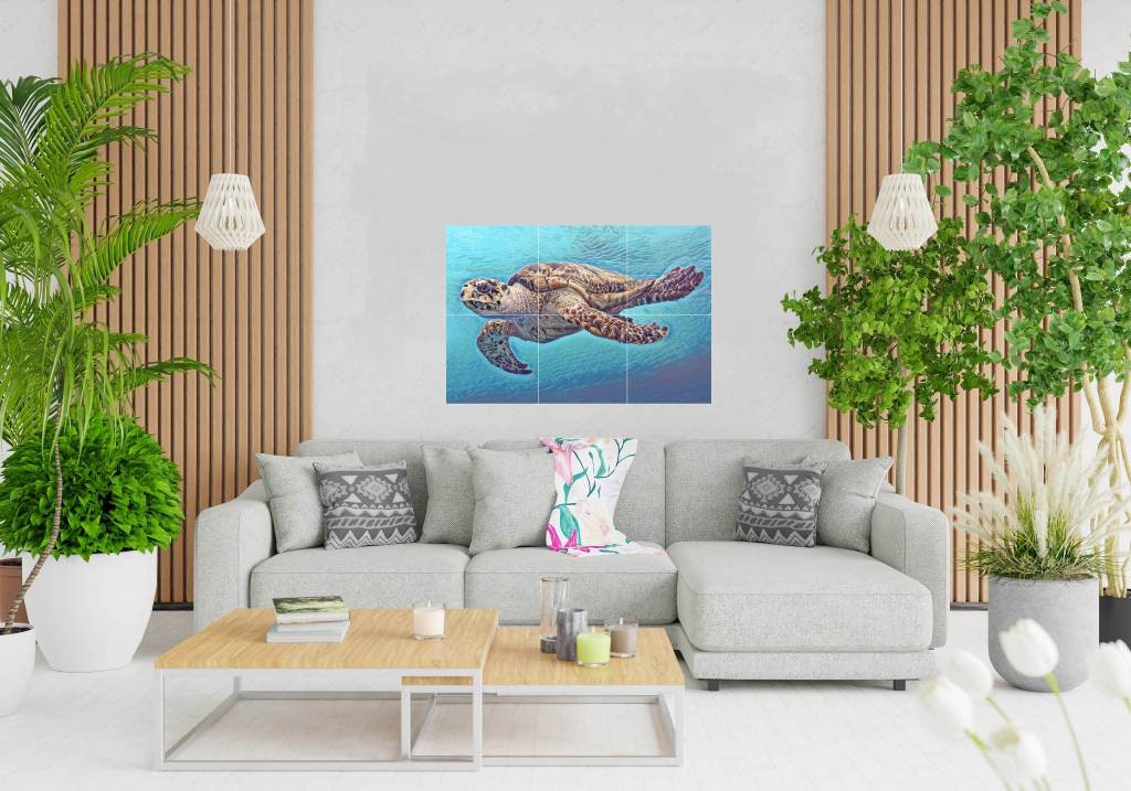Tile Mural/Mosaic Ceramic Panel of an Ocean Undersea Sea Turtle - Sea Turtle Wall Art - Sea Turtle Print - Home Decor - Tile Mosaic