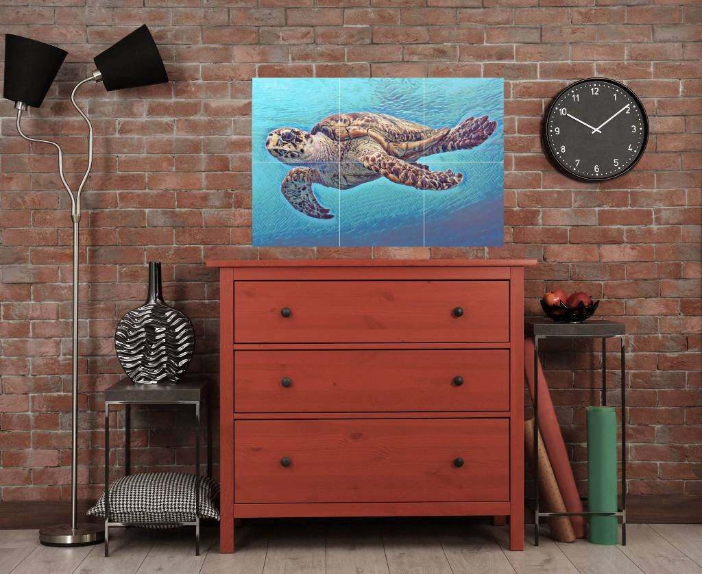 Tile Mural/Mosaic Ceramic Panel of an Ocean Undersea Sea Turtle - Sea Turtle Wall Art - Sea Turtle Print - Home Decor - Tile Mosaic