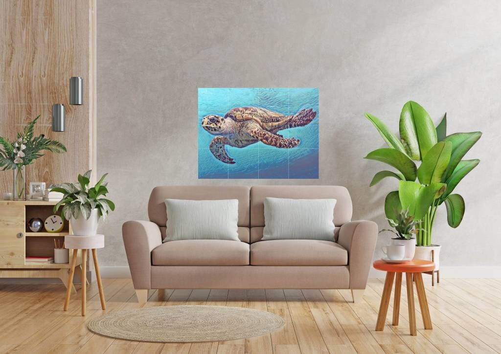 Tile Mural/Mosaic Ceramic Panel of an Ocean Undersea Sea Turtle - Sea Turtle Wall Art - Sea Turtle Print - Home Decor - Tile Mosaic