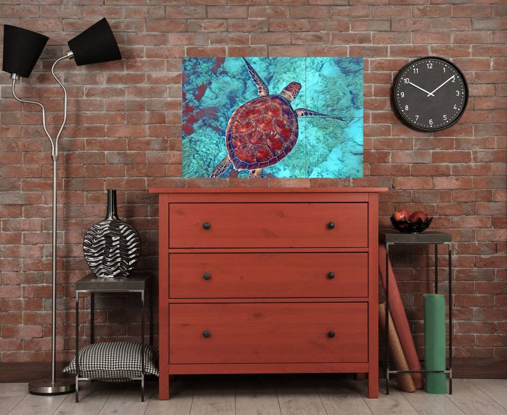 Tile Mural/Mosaic Ceramic Panel of an Ocean Undersea Sea Turtle - Colourful Wall Art - Tile Mural Art Print - Home Decor - Tile Mosaic