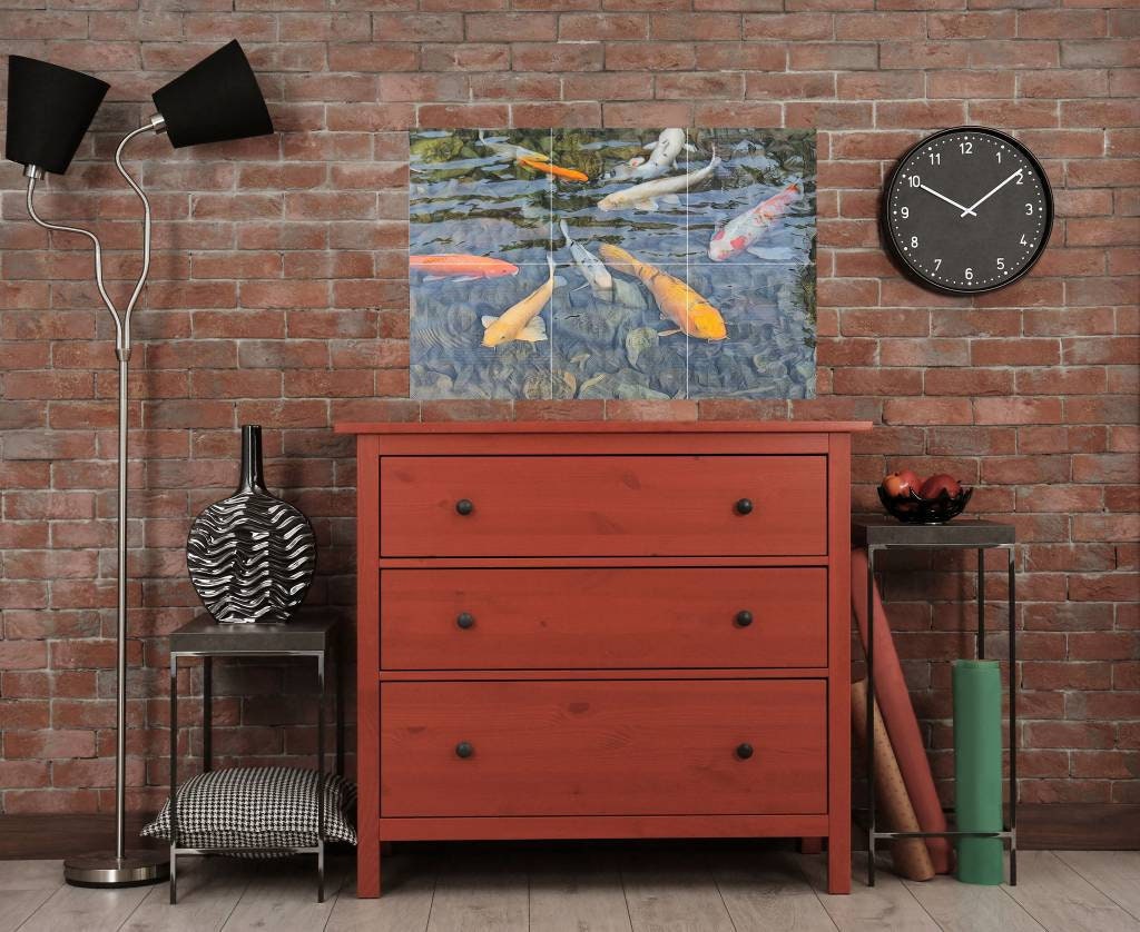 Tile Mural/Mosaic Ceramic Panel of a Japanese Koi Fish Pond -Koi Fish wall print -Japanese Tile Mural-Gloss Tiles -Tile Mosaic, shower tiles