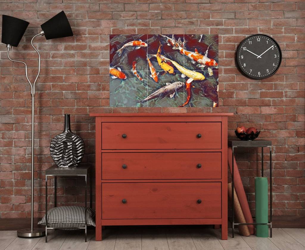Tile Mural/Mosaic Ceramic Panel of a Japanese Koi Fish Pond - Wall Nature Art - Japanese Tile Mural -Gloss Tiles -Tile Mosaic
